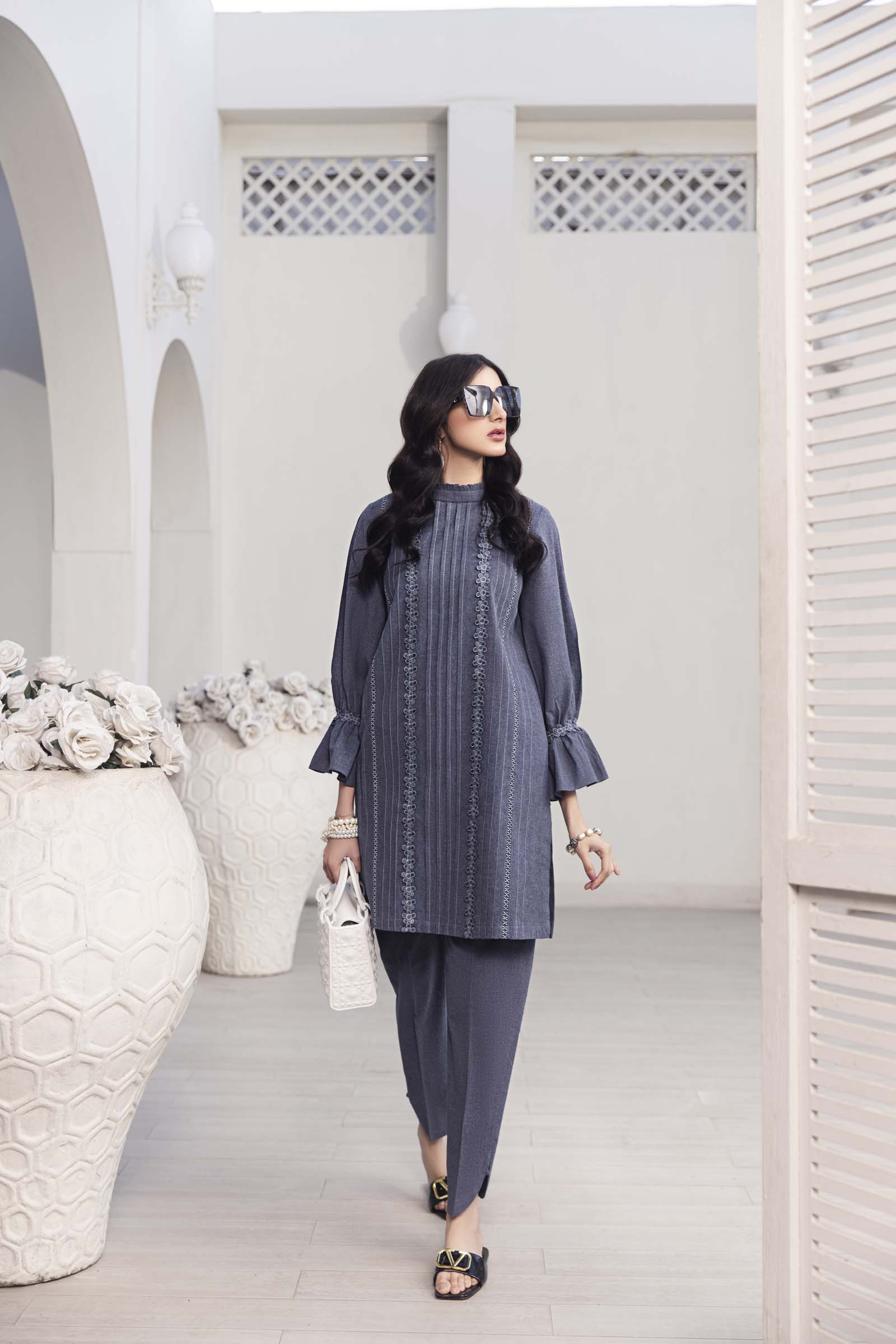Grey Embroidered 2 Piece Suit | Izel | Aireen