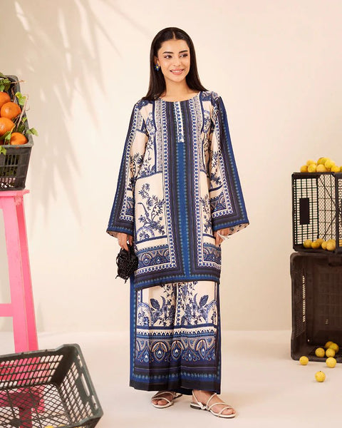 Printed Ivory & Navy Silk Lawn 2 Piece Co-Ord | Essentials | ESS10