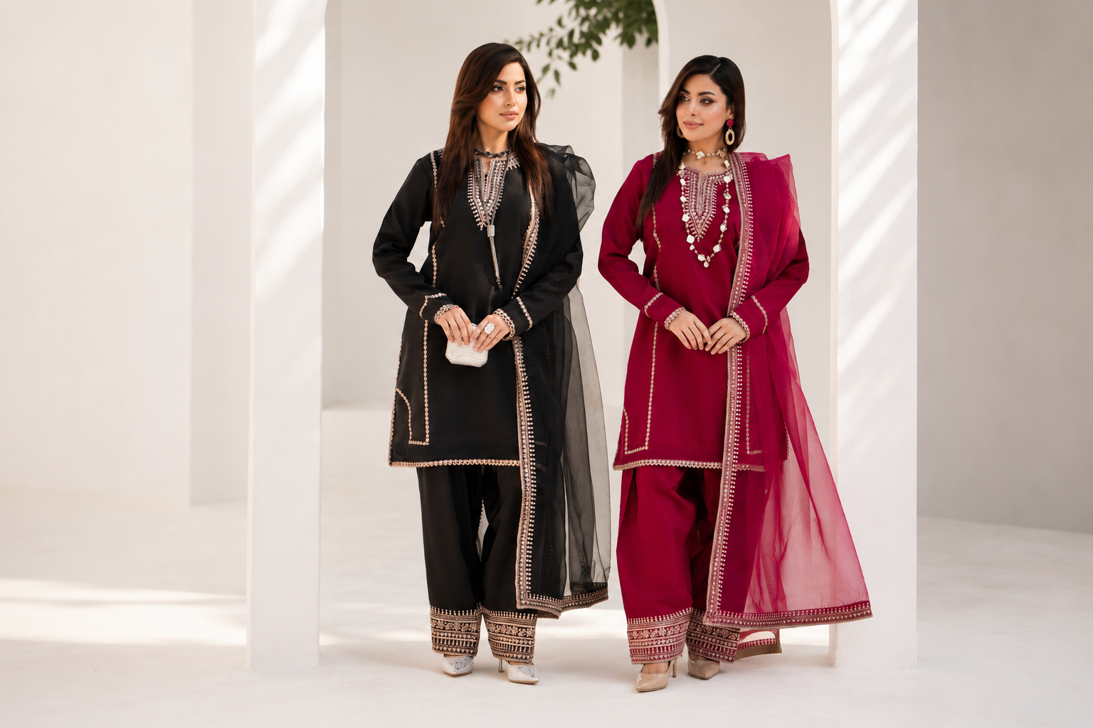Nura, semi-formal occasion wear in black and crimson