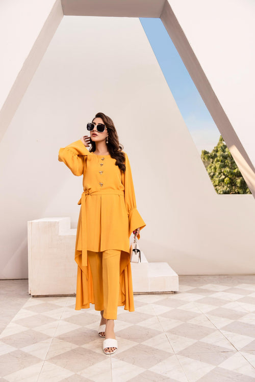 Mustard yellow asymmetrical co-ord set with flared sleeves – 2 piece modest outfit by SK Designs