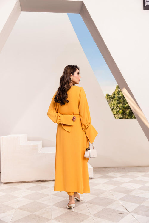 Mustard yellow asymmetrical co-ord set with flared sleeves – 2 piece modest outfit by SK Designs