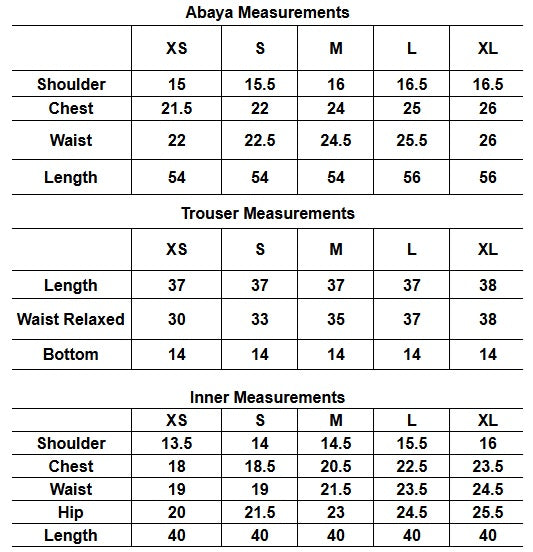 Size chart for Modest Kimono Abaya - Blue Textured with Inner, Trouser & Scarf | SK-MW01 SK Designs