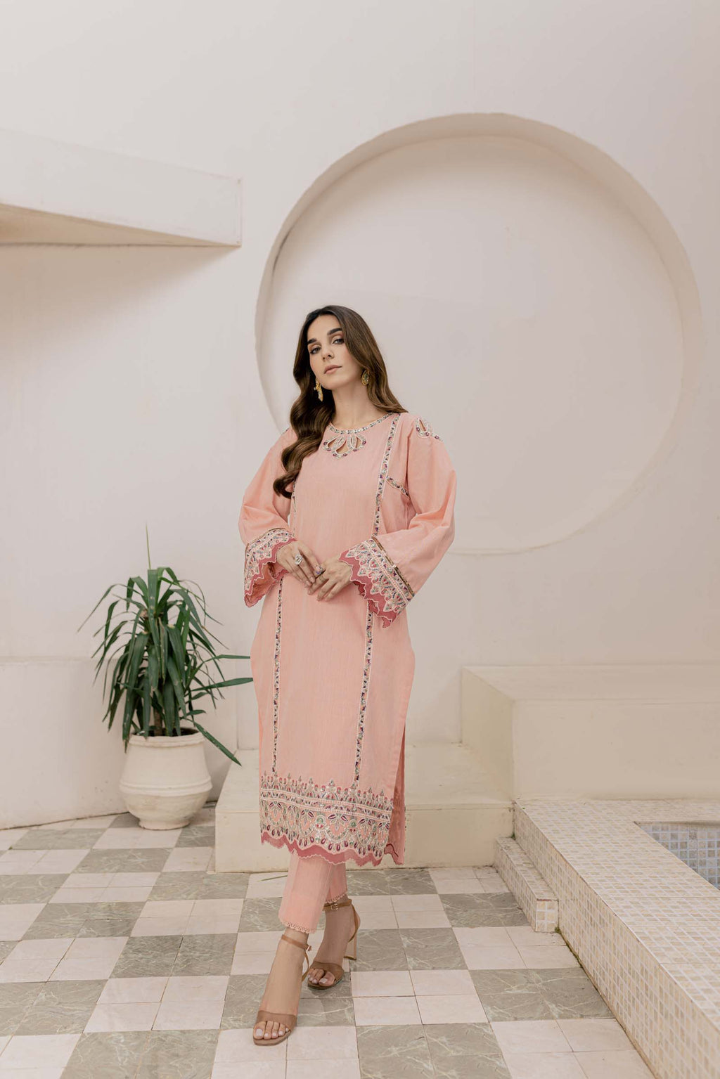 Peach Embroidered 2 Piece Suit | Izel | Aftab