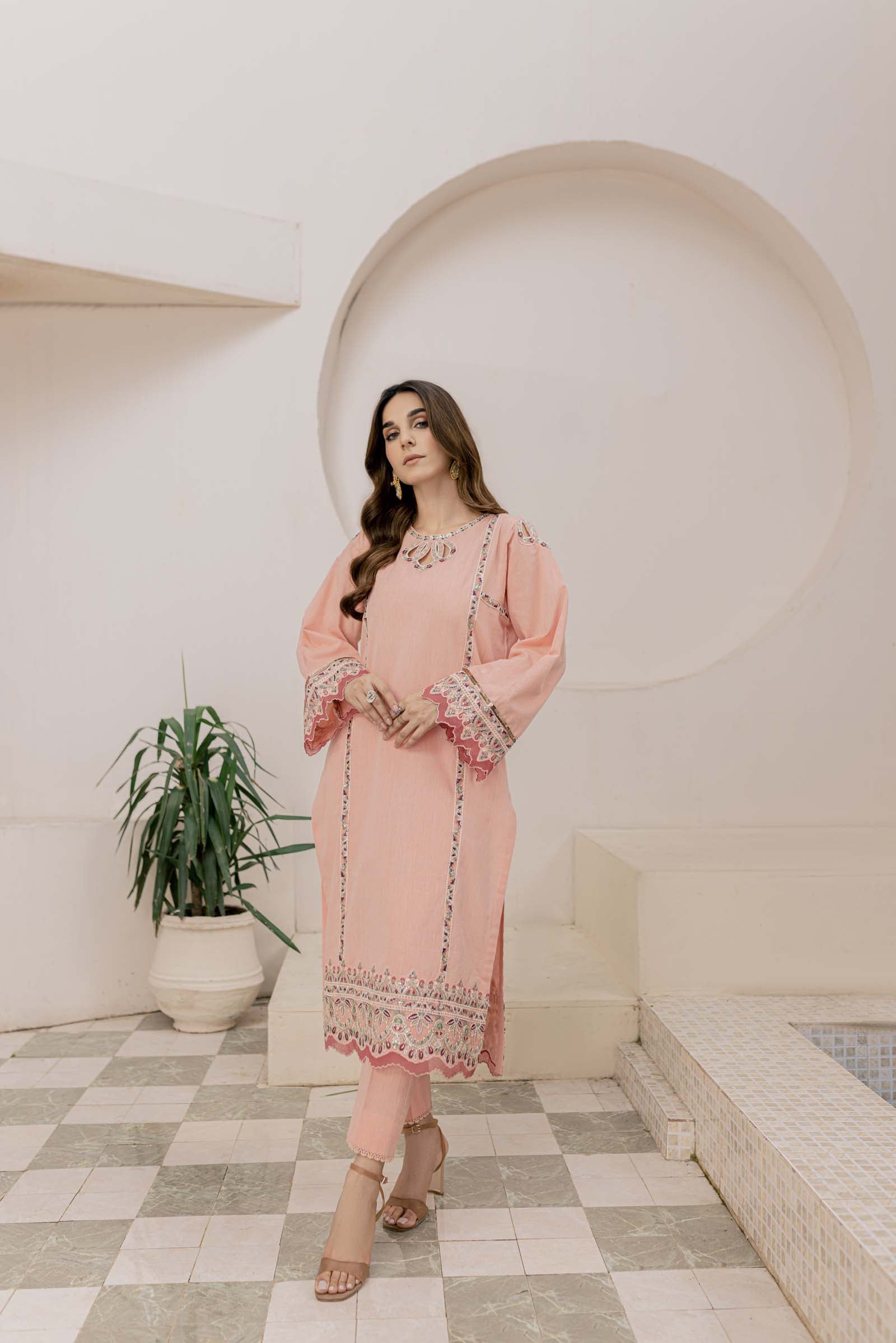 Peach Embroidered 2 Piece Suit | Izel | Aftab