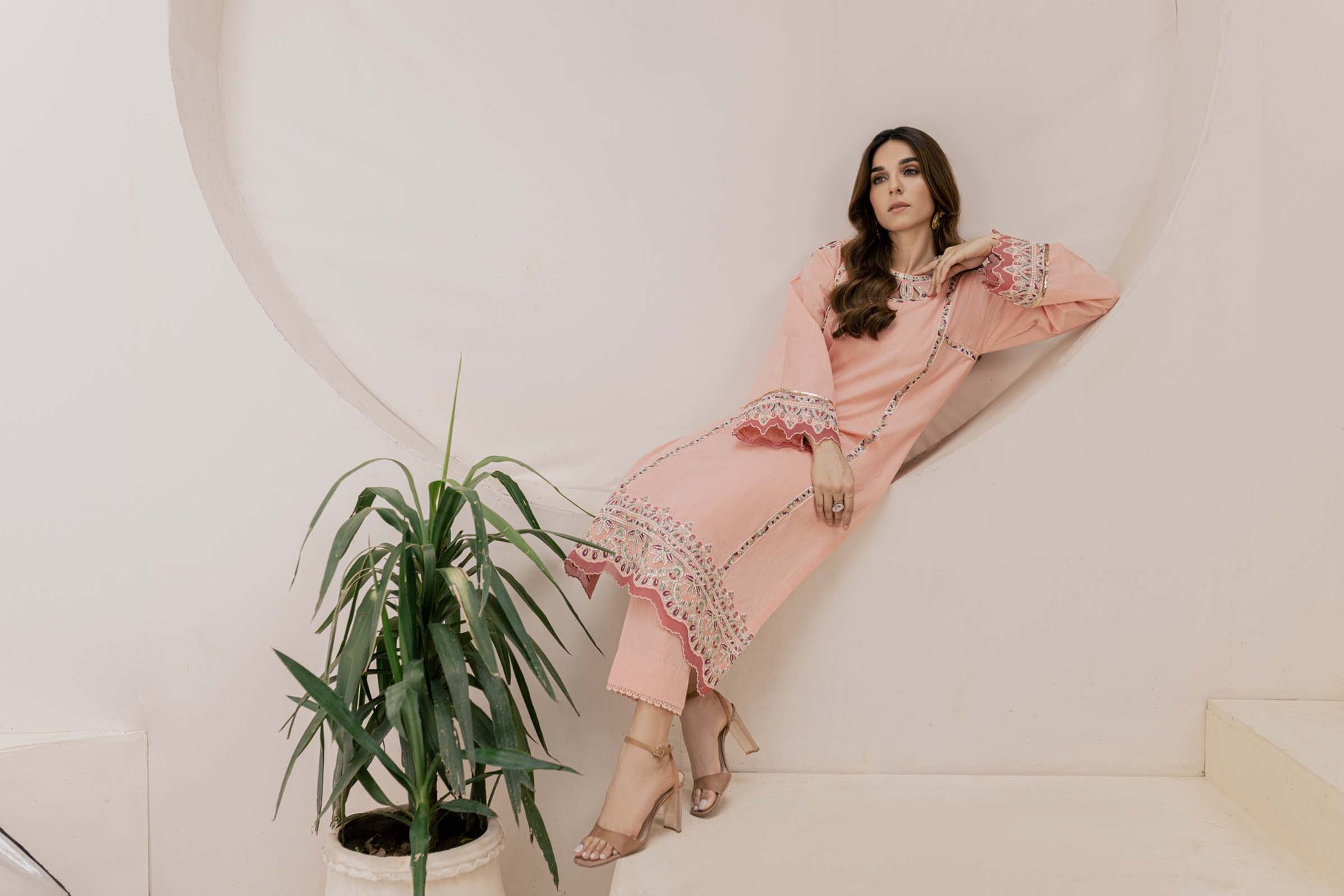 Peach Embroidered 2 Piece Suit | Izel | Aftab