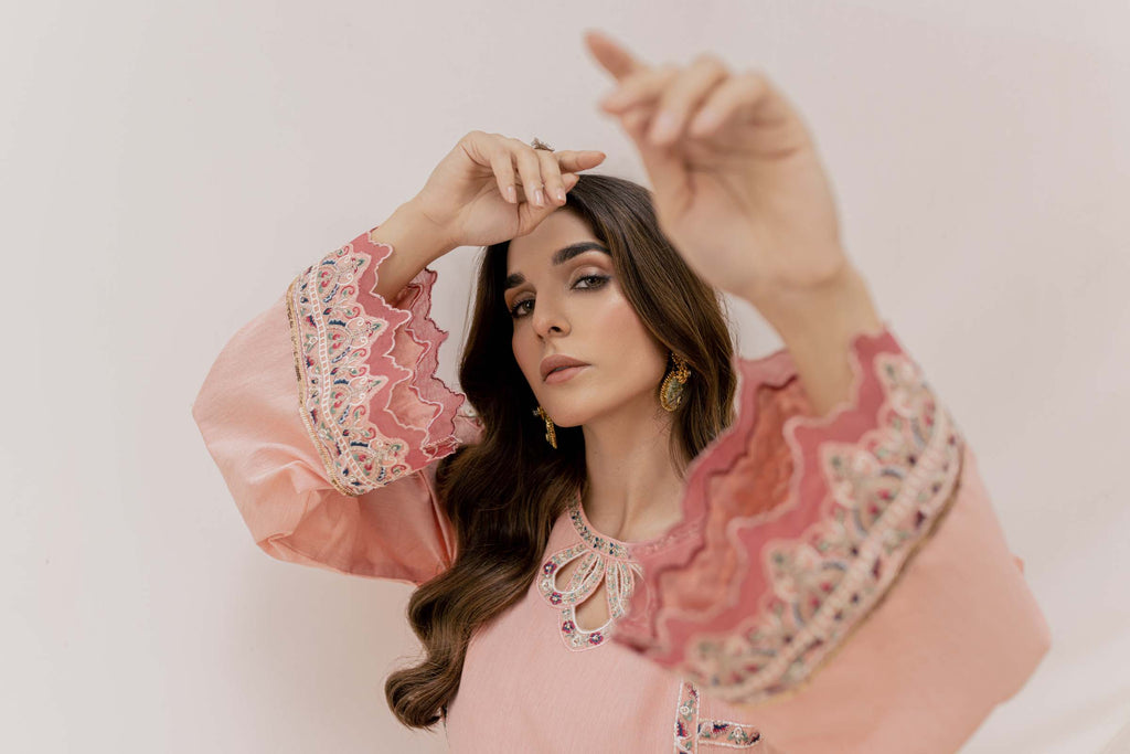 Peach Embroidered 2 Piece Suit | Izel | Aftab