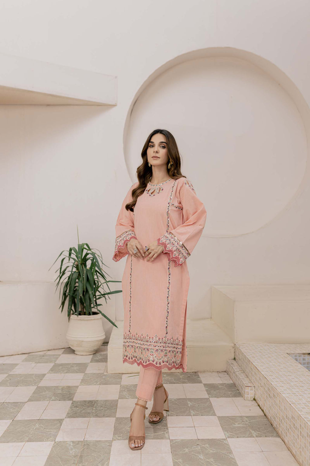 Peach Embroidered 2 Piece Suit | Izel | Aftab