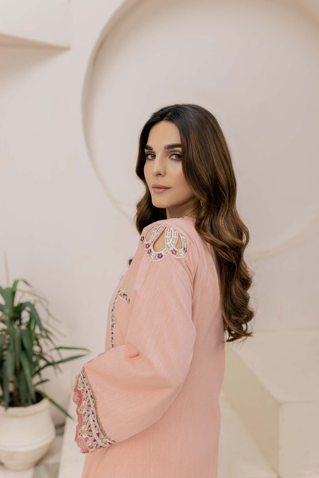 Peach Embroidered 2 Piece Suit | Izel | Aftab