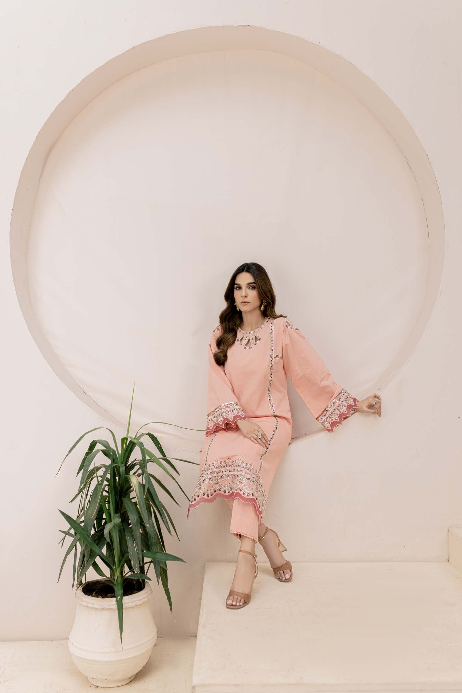 Peach Embroidered 2 Piece Suit | Izel | Aftab
