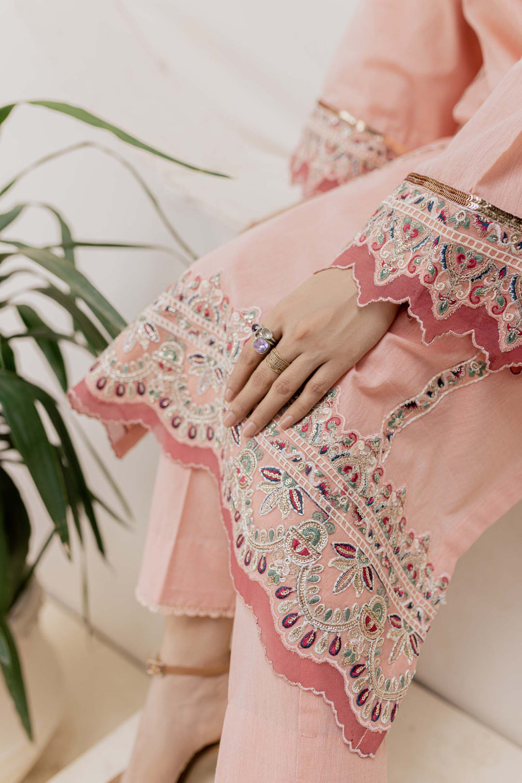 Peach Embroidered 2 Piece Suit | Izel | Aftab