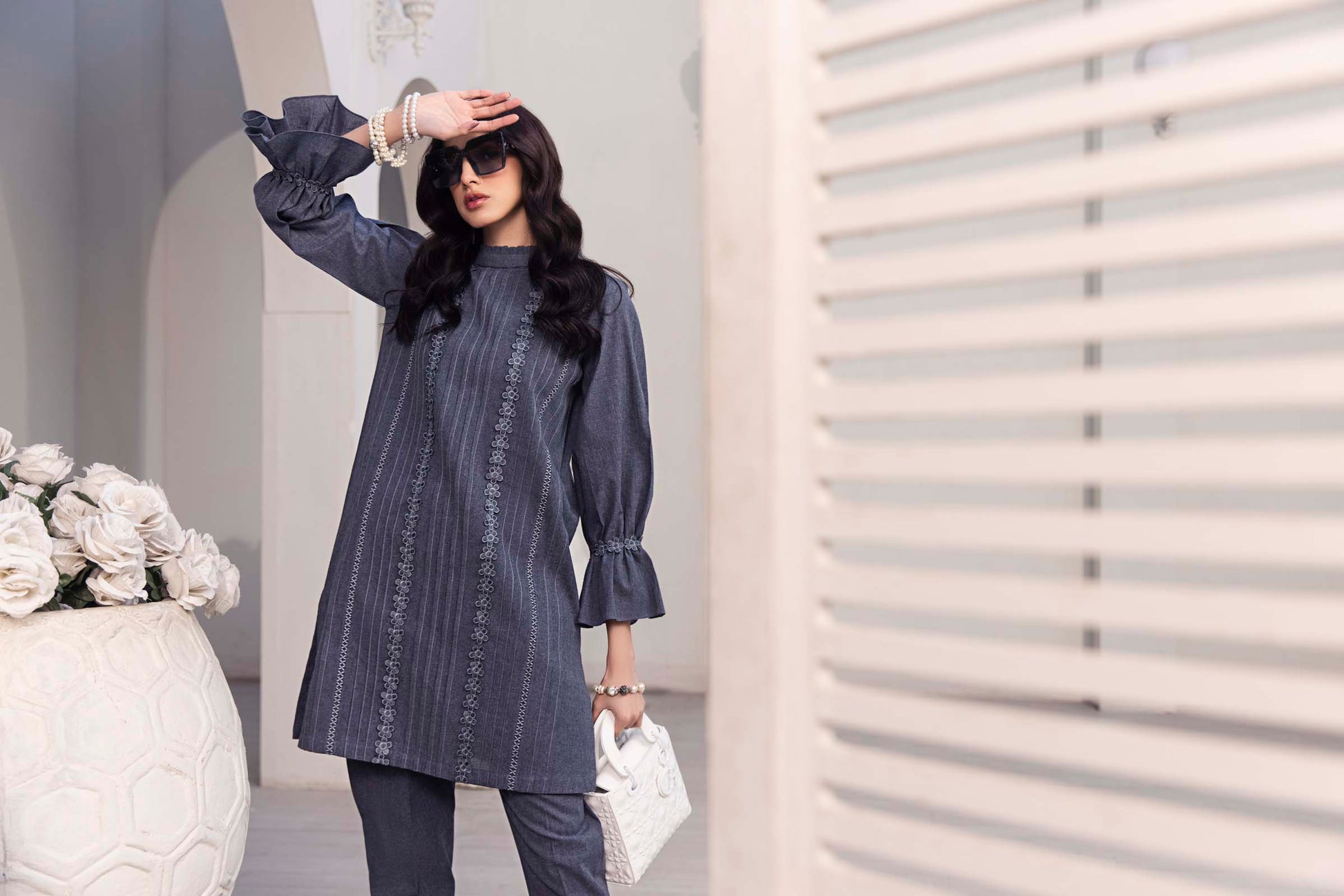 Grey Embroidered 2 Piece Suit | Izel | Aireen