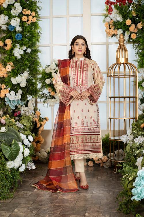 Beige Embroidered 3 Piece Suit | ZUN | Arwa
