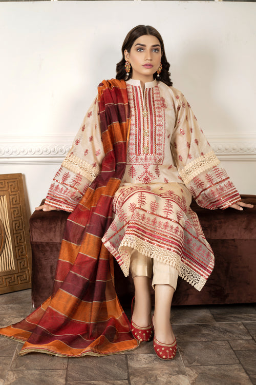 Beige Embroidered 3 Piece Suit | ZUN | Arwa