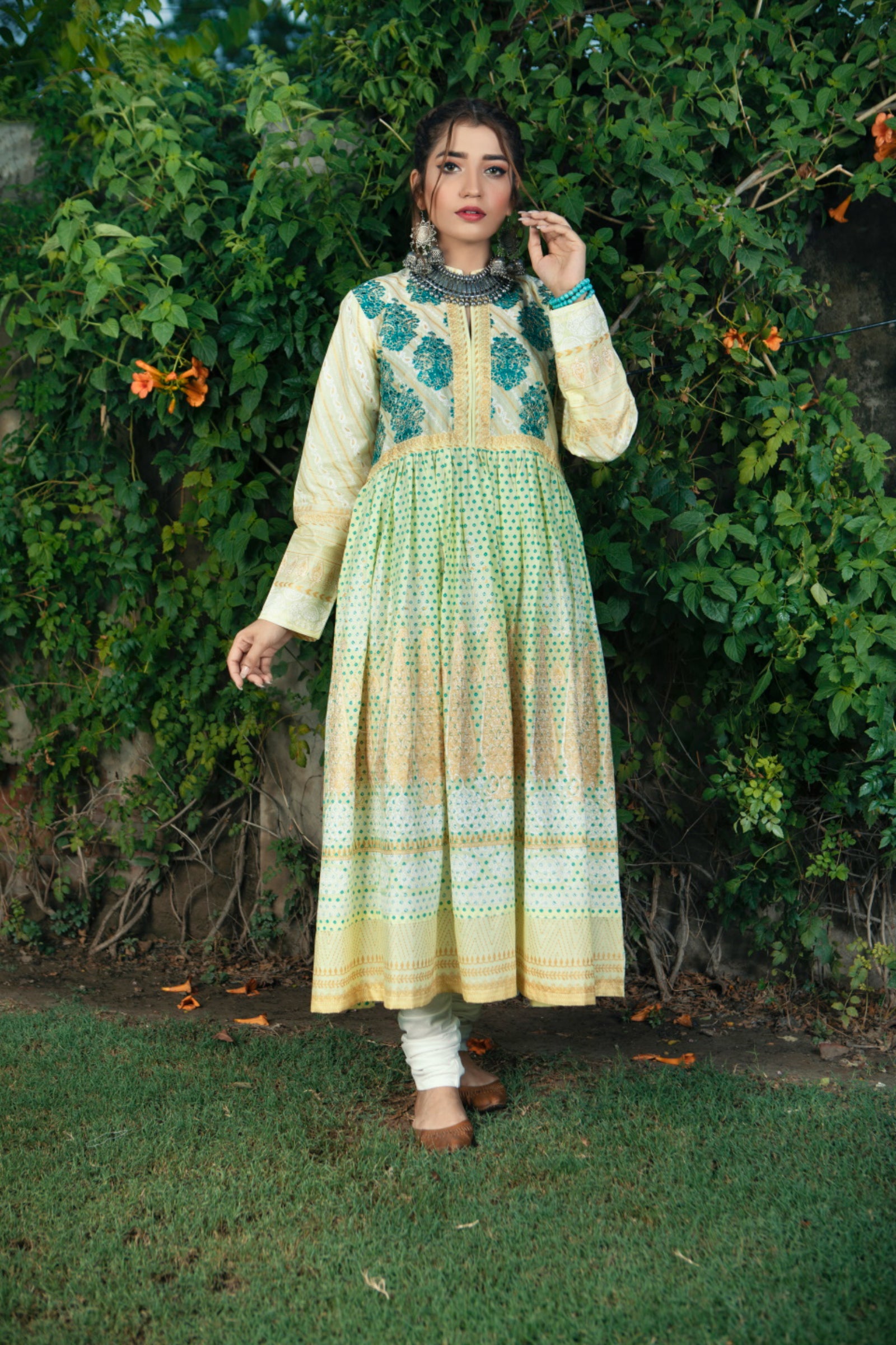 Lime & Teal Embroidered Block Print 2 Piece Suit | ZUN | Ayla