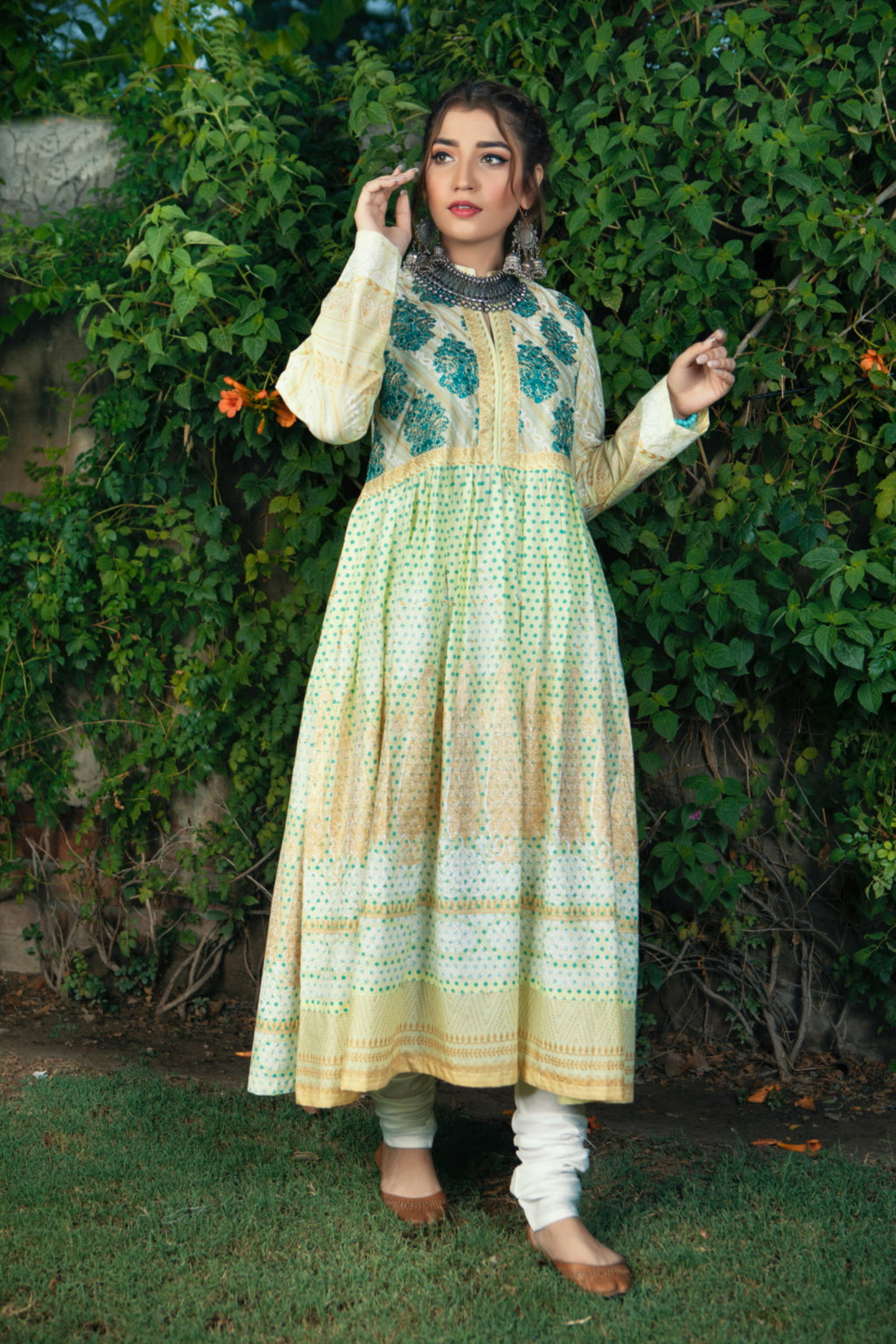 Lime & Teal Embroidered Block Print 2 Piece Suit | ZUN | Ayla