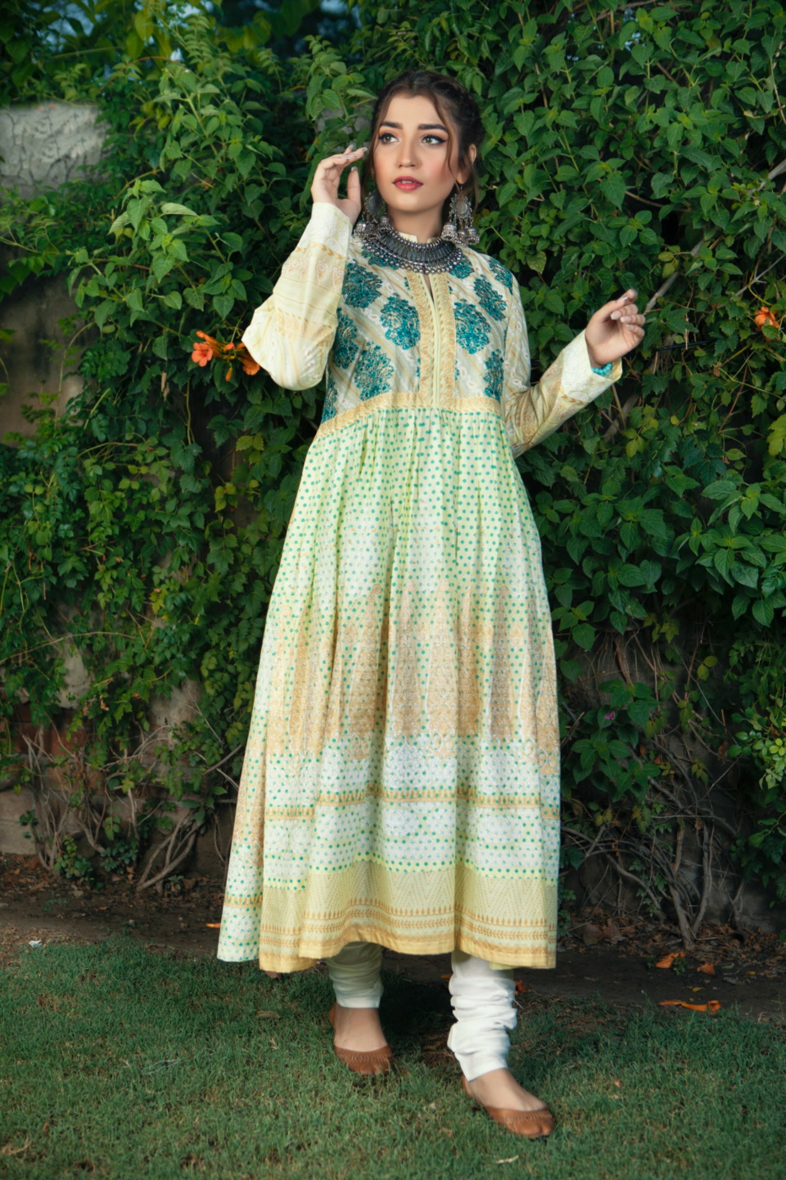 Lime & Teal Embroidered Block Print 2 Piece Suit | ZUN | Ayla