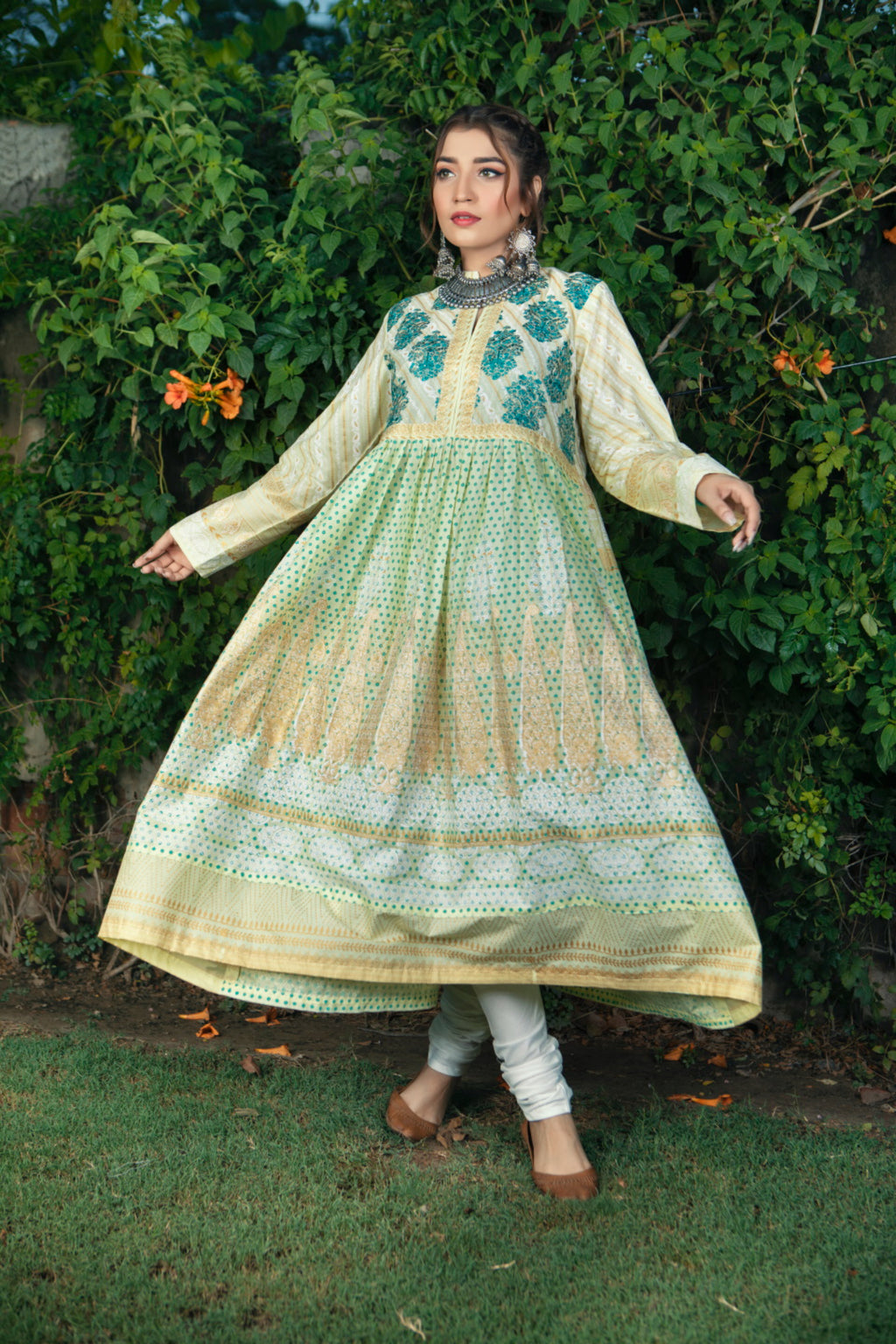 Lime & Teal Embroidered Block Print 2 Piece Suit | ZUN | Ayla