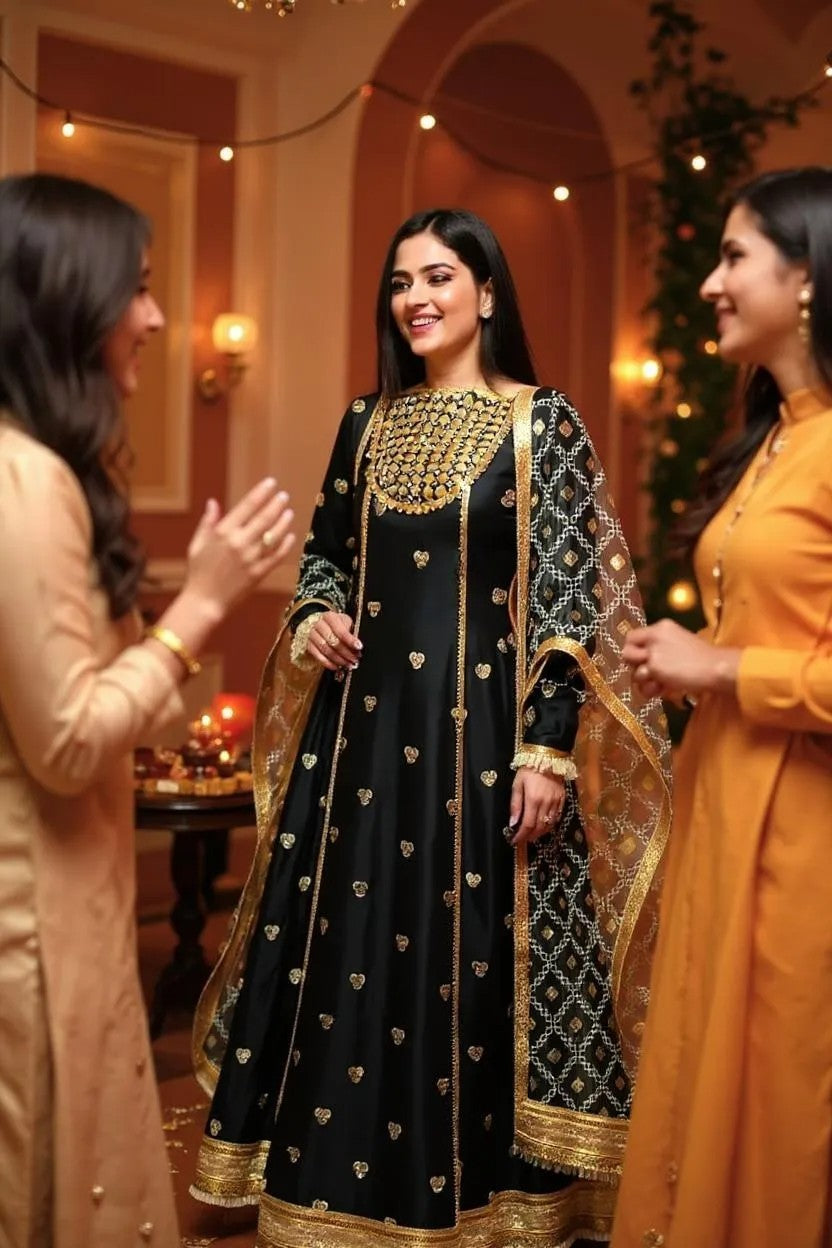 Black Tissue Silk Embroidered 3 Piece Suit | SK Designs | SKF3