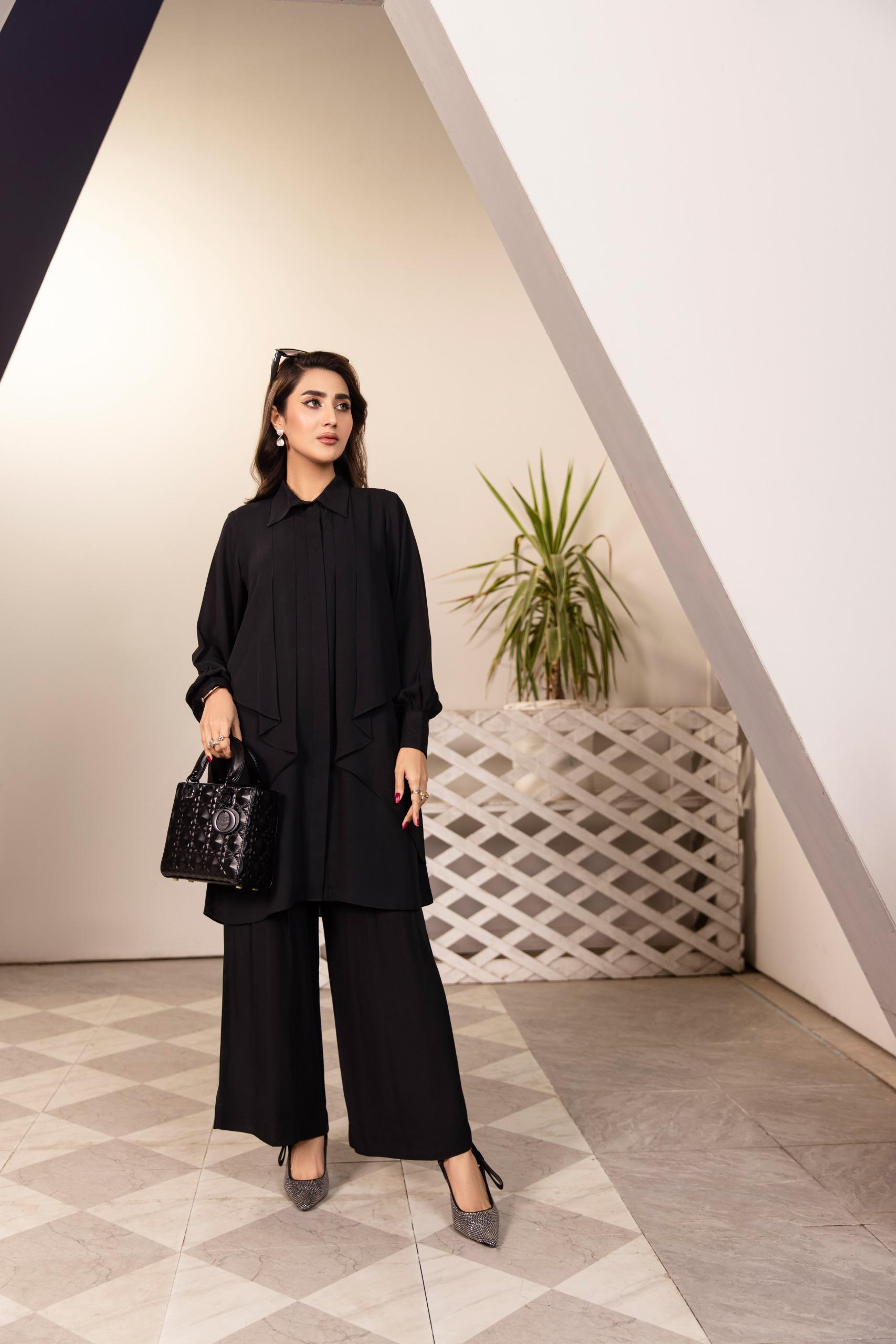Black pleated co-ord set with wide-leg trousers – formal modest wear by SK Designs