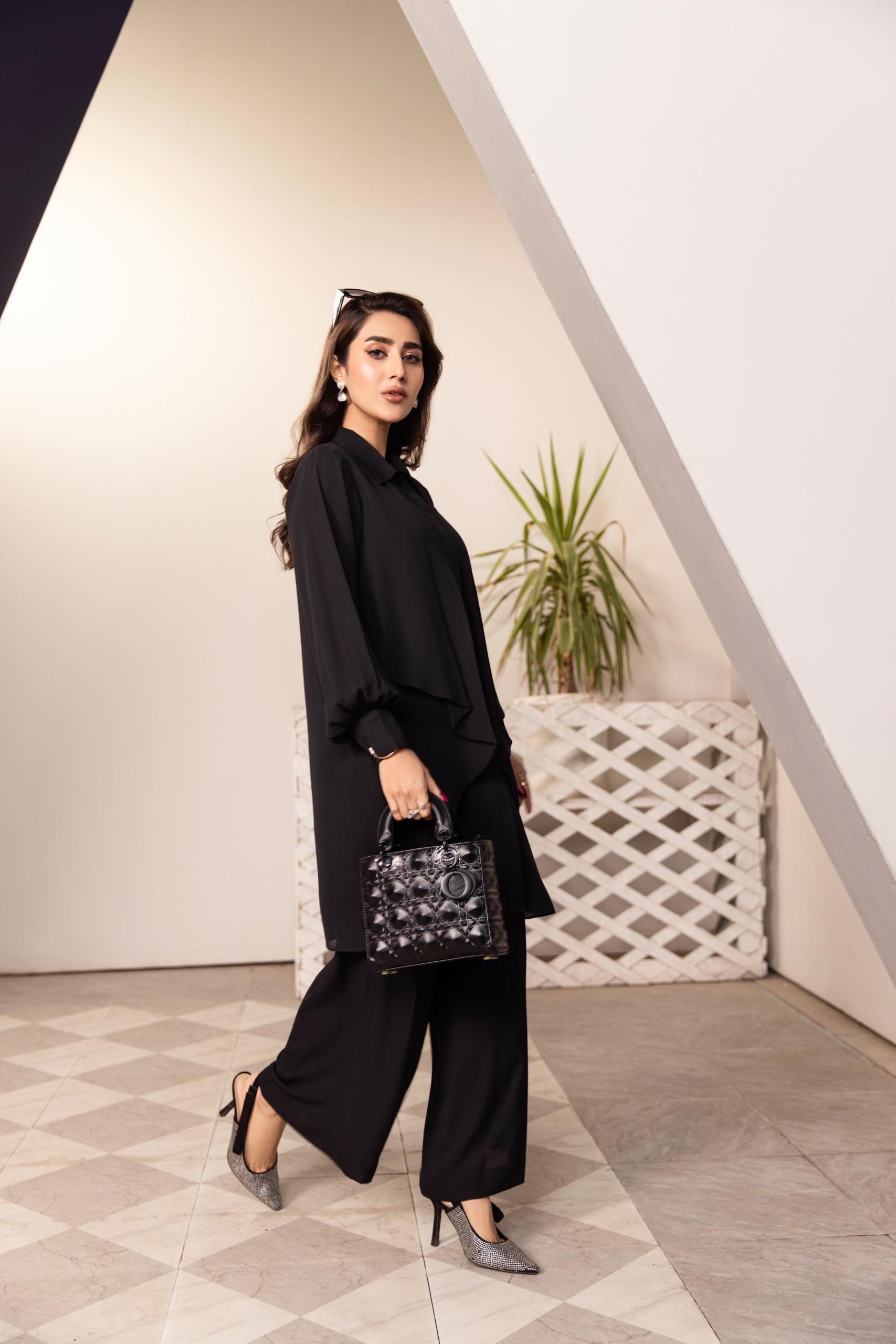 Black pleated co-ord set with wide-leg trousers – formal modest wear by SK Designs