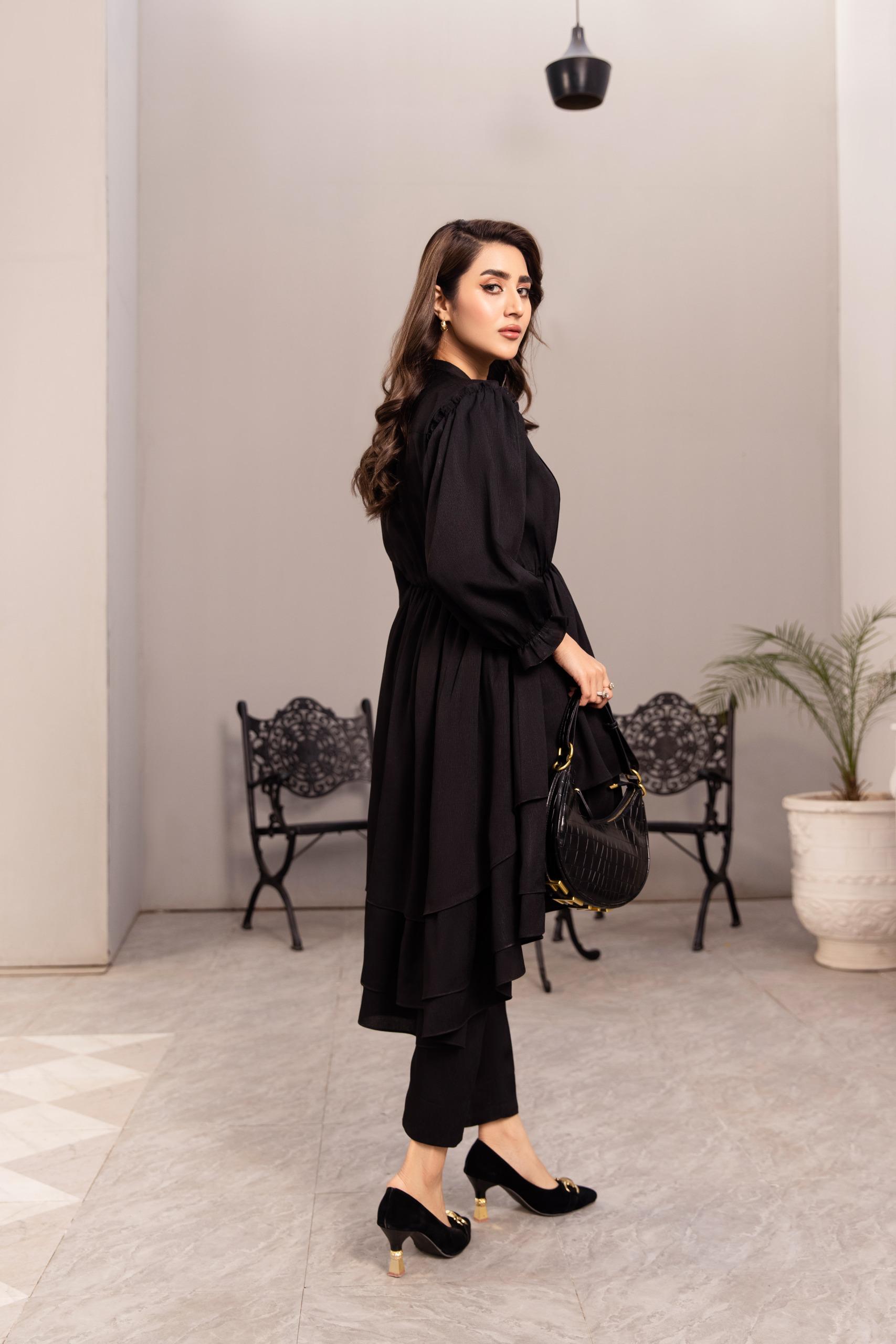 Black tiered ruffle co-ord set with gold button detail – modest 2 piece outfit by SK Designs
