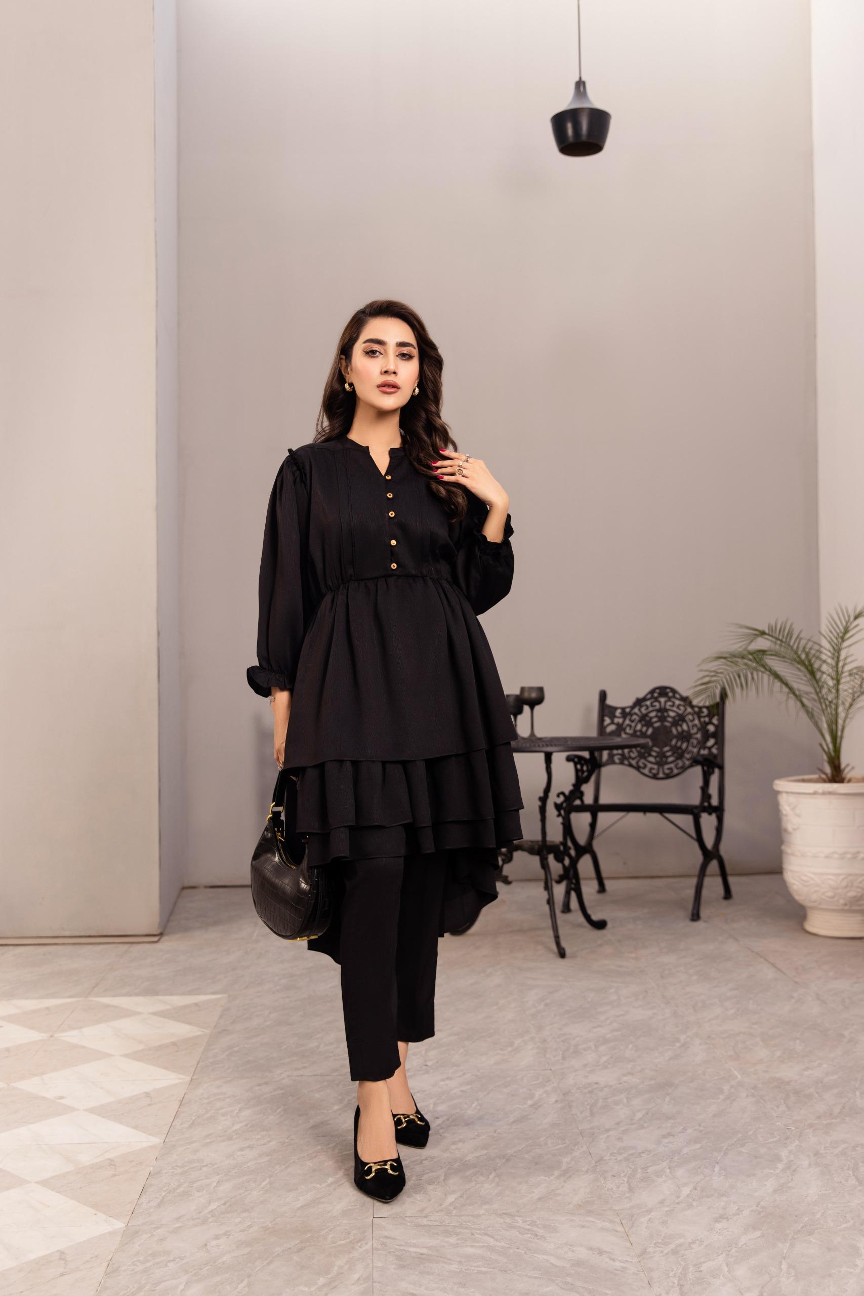 Black tiered ruffle co-ord set with gold button detail – modest 2 piece outfit by SK Designs