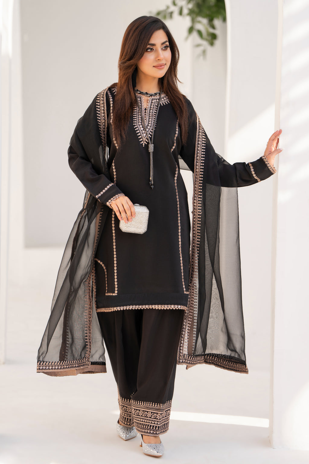 Black Embroidered Silk 3 Piece Suit with Organza Dupatta | NURA | Serene