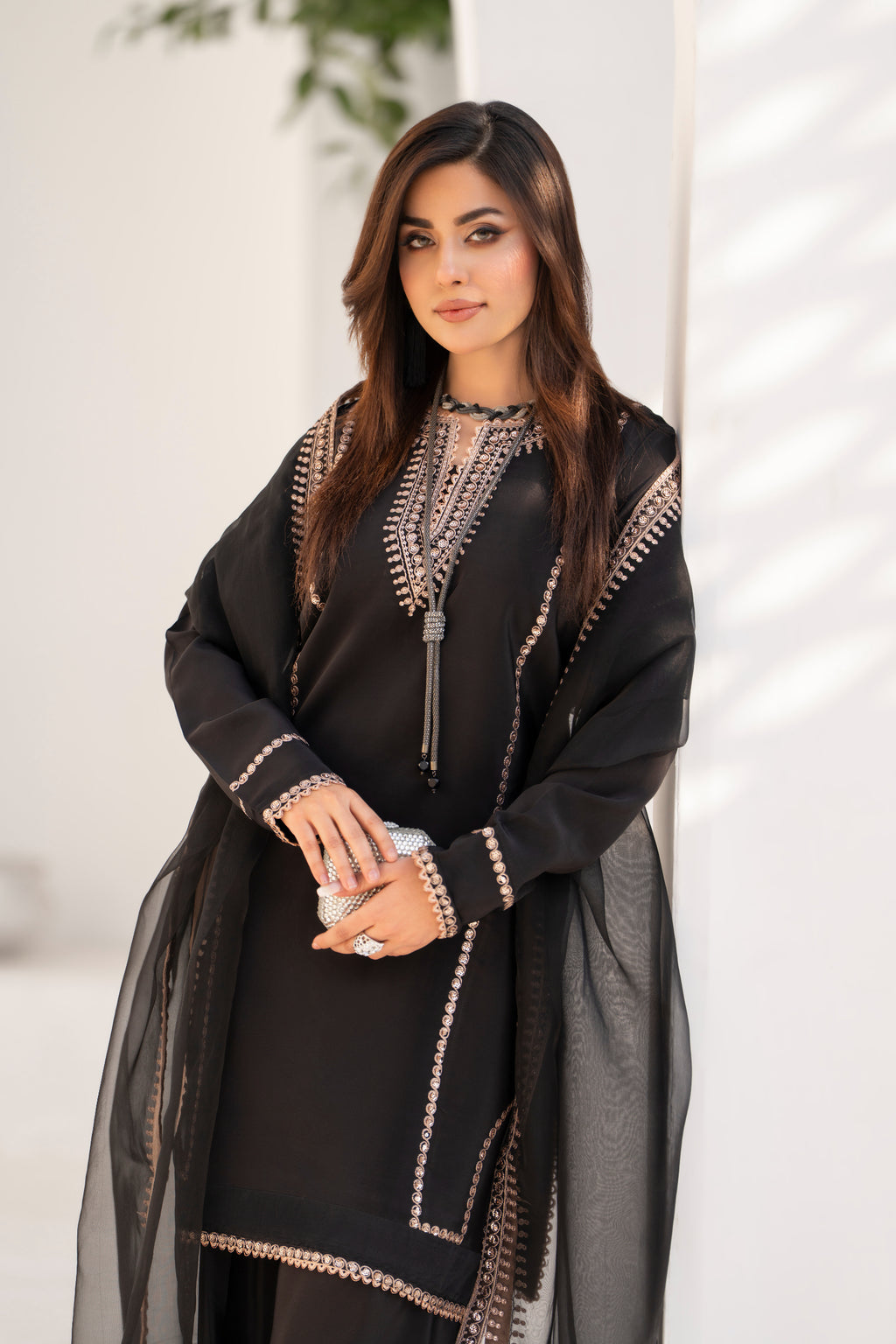 Black Embroidered Silk 3 Piece Suit with Organza Dupatta | NURA | Serene