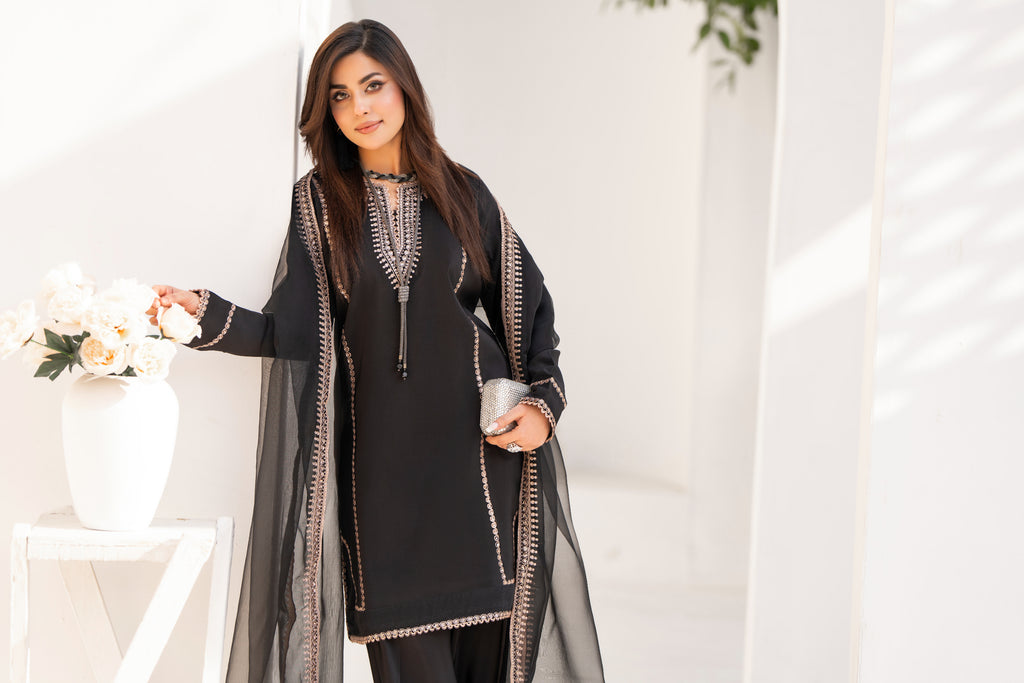 Black Embroidered Silk 3 Piece Suit with Organza Dupatta | NURA | Serene
