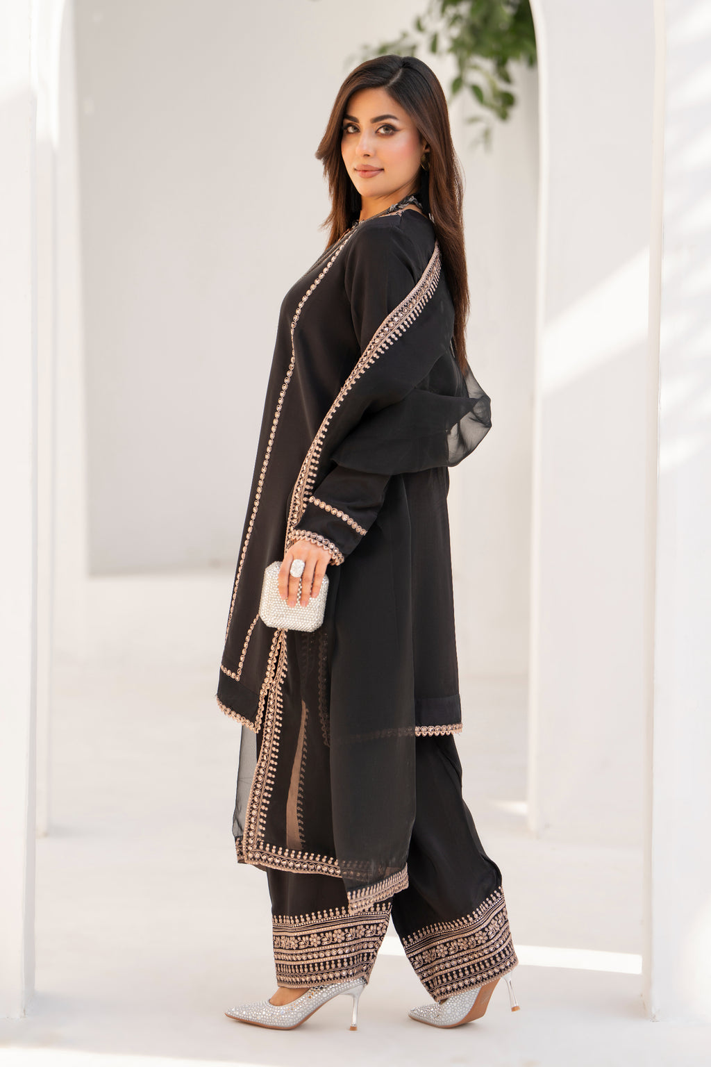 Black Embroidered Silk 3 Piece Suit with Organza Dupatta | NURA | Serene