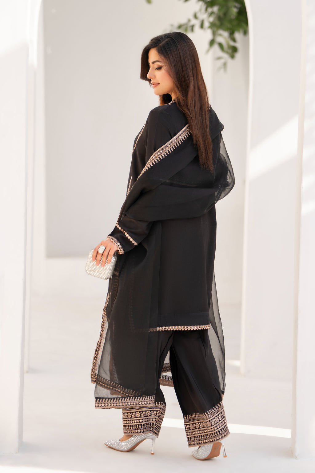 Black Embroidered Silk 3 Piece Suit with Organza Dupatta | NURA | Serene