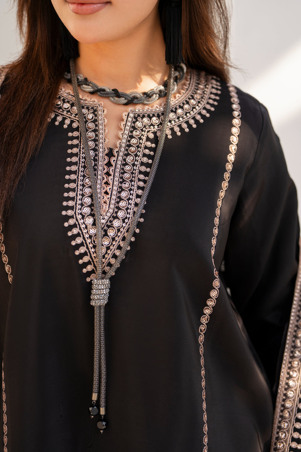 Black Embroidered Silk 3 Piece Suit with Organza Dupatta | NURA | Serene