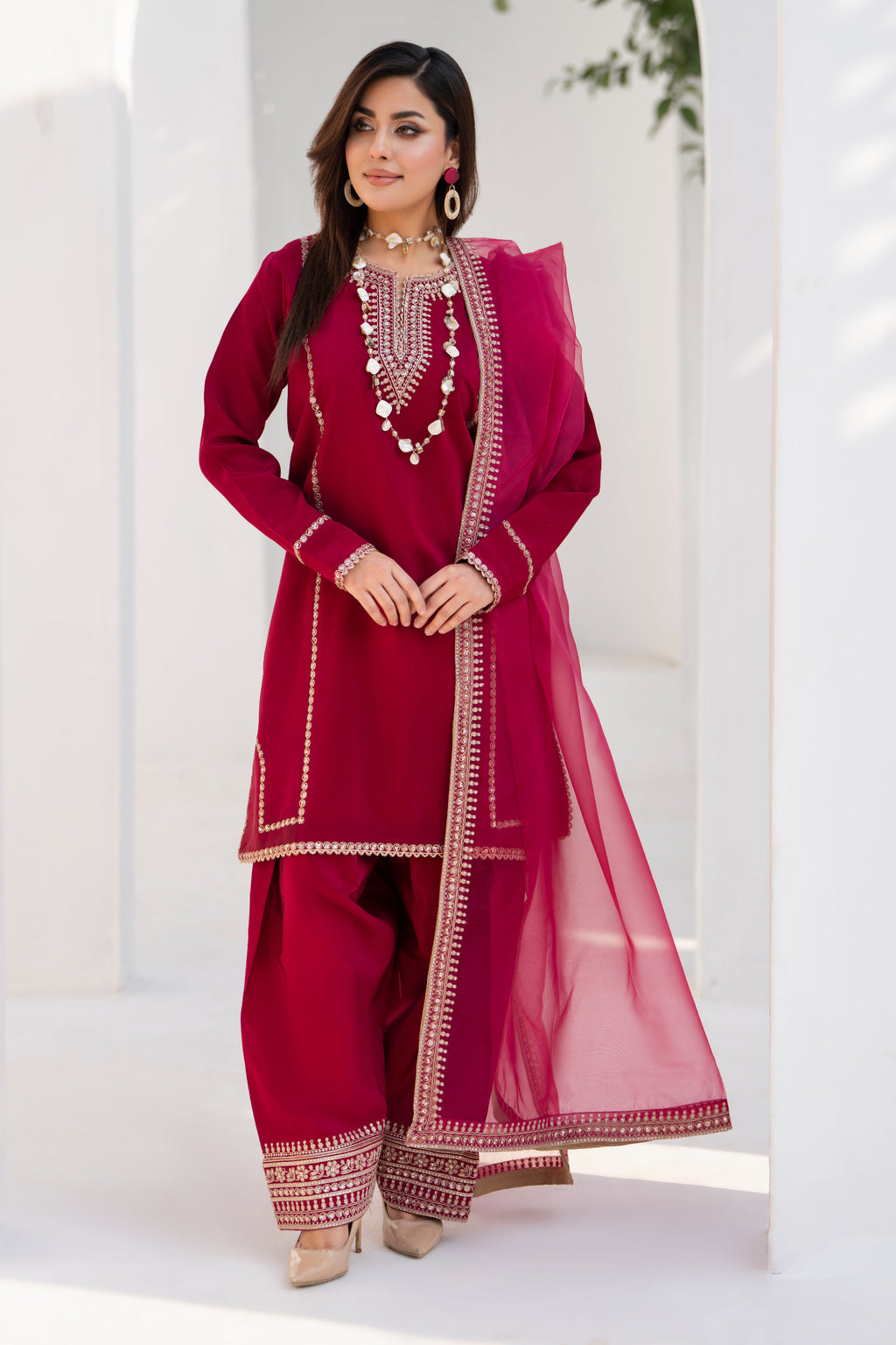 Maroon Embroidered Silk 3 Piece Suit with Organza Dupatta | NURA | Elara