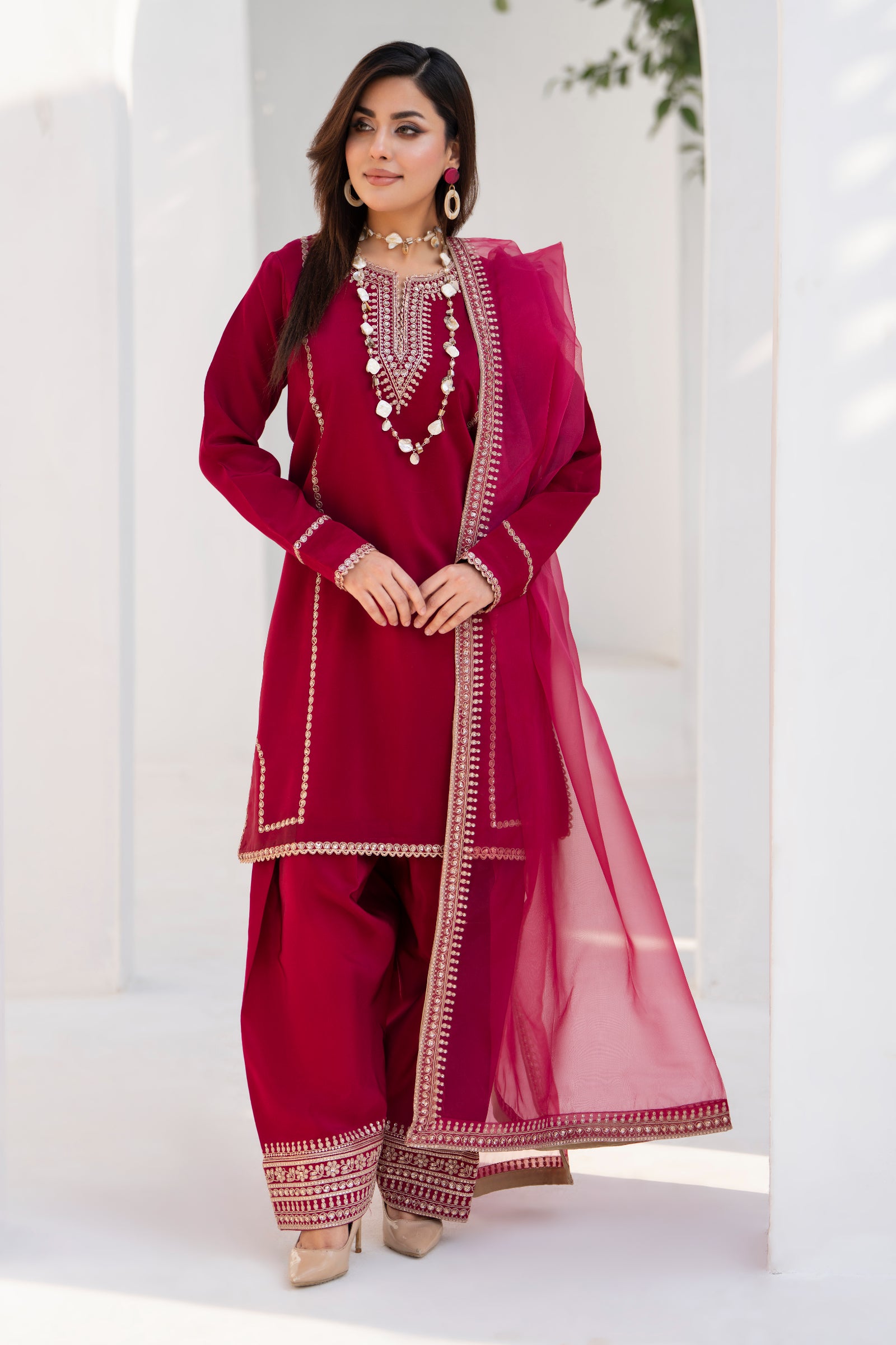 Maroon Embroidered Silk 3 Piece Suit with Organza Dupatta | NURA | Elara
