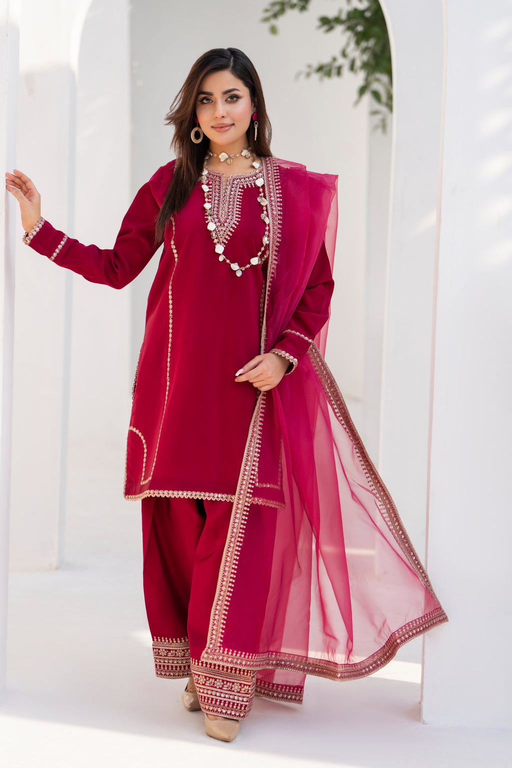 Maroon Embroidered Silk 3 Piece Suit with Organza Dupatta | NURA | Elara