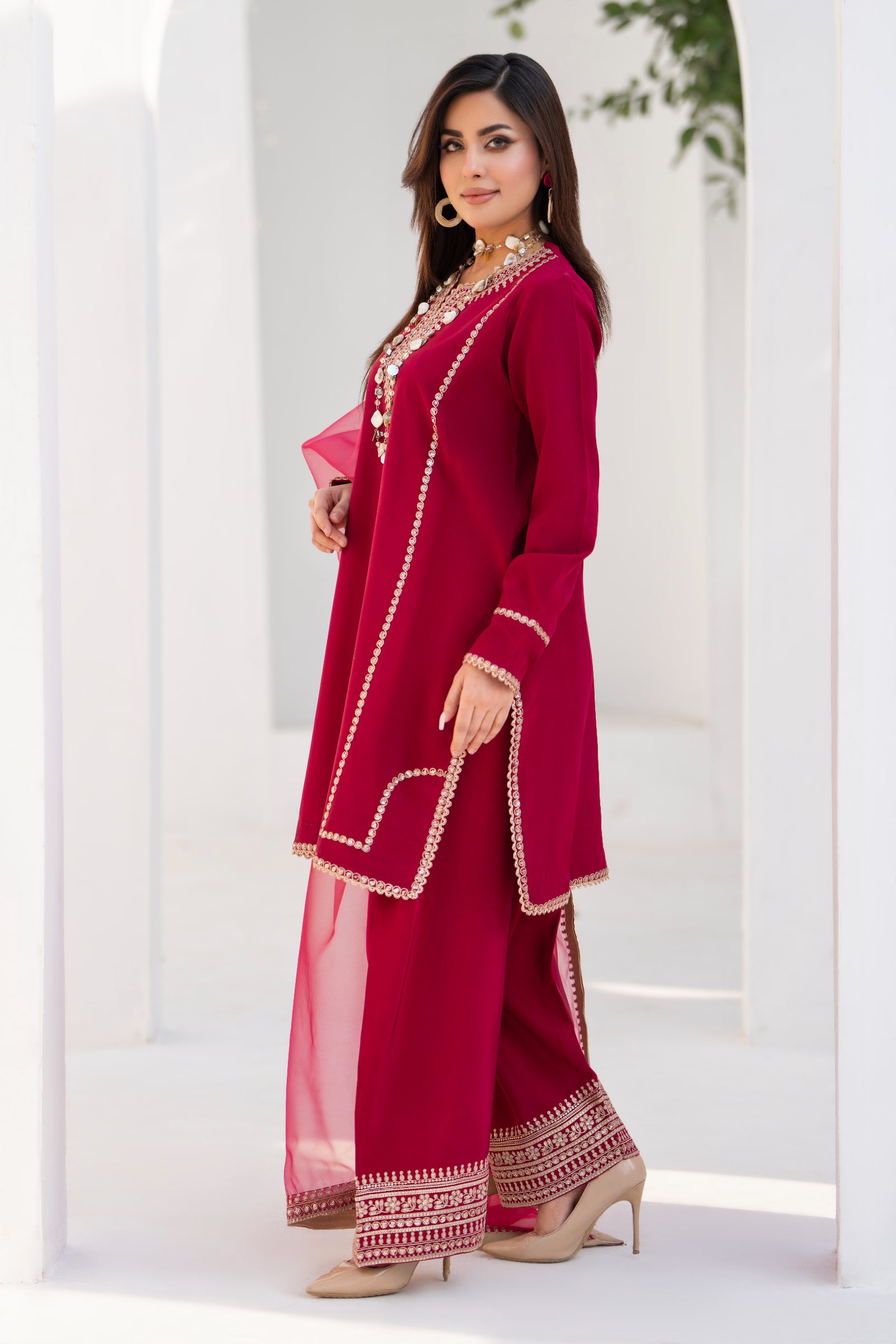 Maroon Embroidered Silk 3 Piece Suit with Organza Dupatta | NURA | Elara