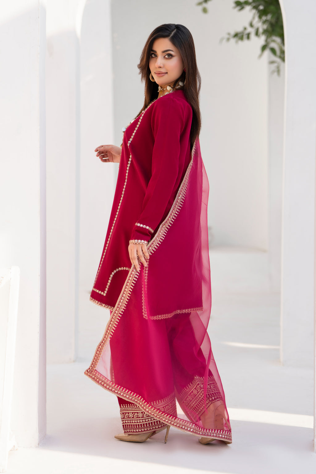 Maroon Embroidered Silk 3 Piece Suit with Organza Dupatta | NURA | Elara