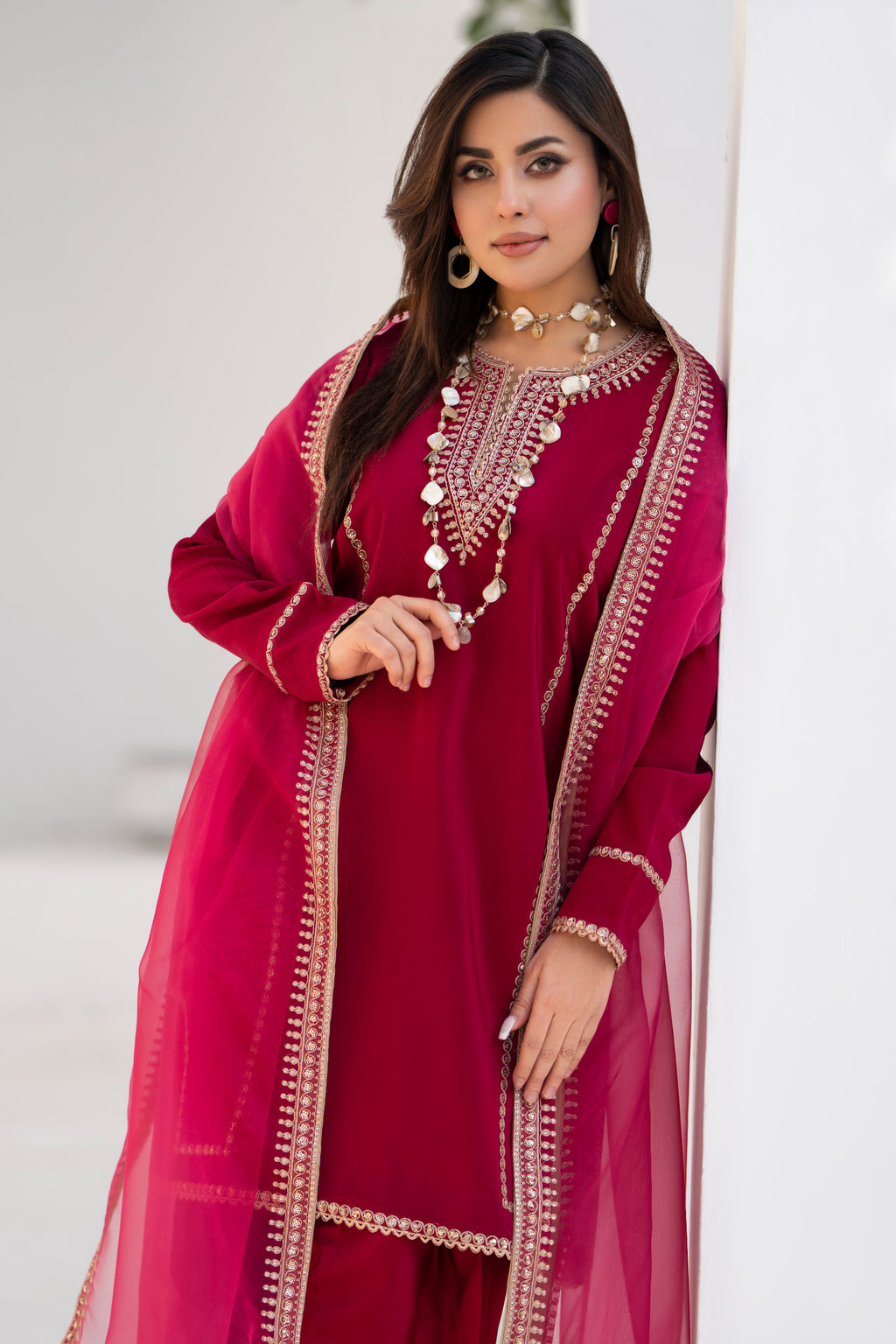 Maroon Embroidered Silk 3 Piece Suit with Organza Dupatta | NURA | Elara