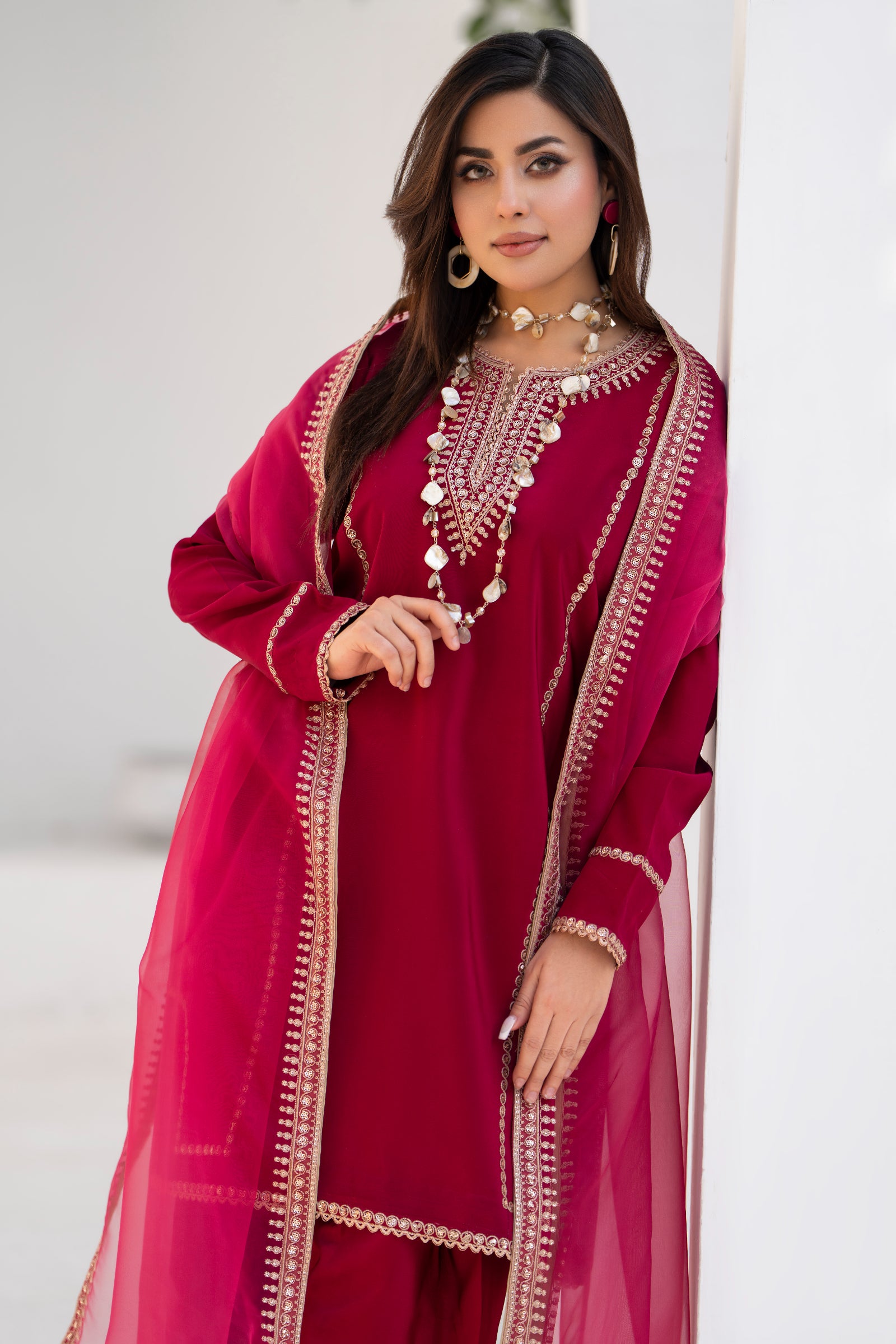 Maroon Embroidered Silk 3 Piece Suit with Organza Dupatta | NURA | Elara