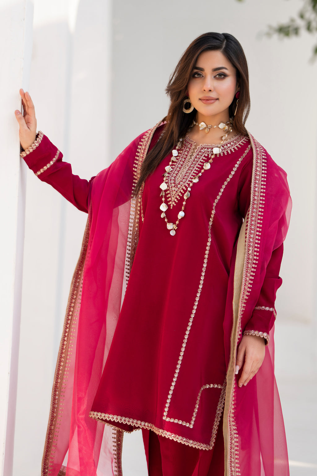Maroon Embroidered Silk 3 Piece Suit with Organza Dupatta | NURA | Elara