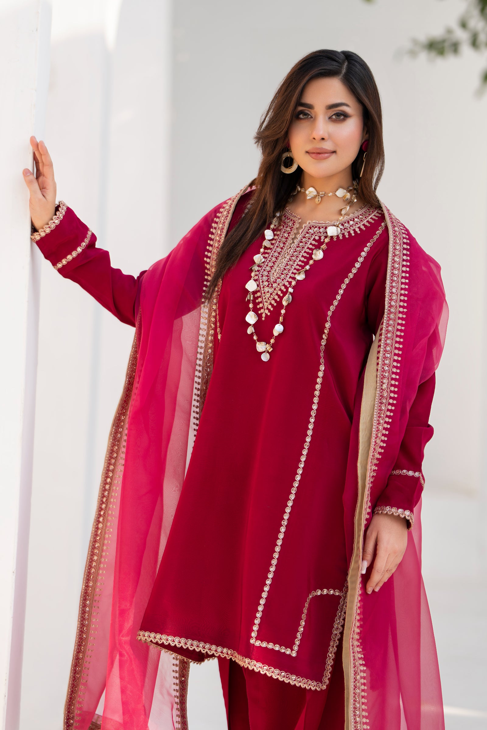 Maroon Embroidered Silk 3 Piece Suit with Organza Dupatta | NURA | Elara