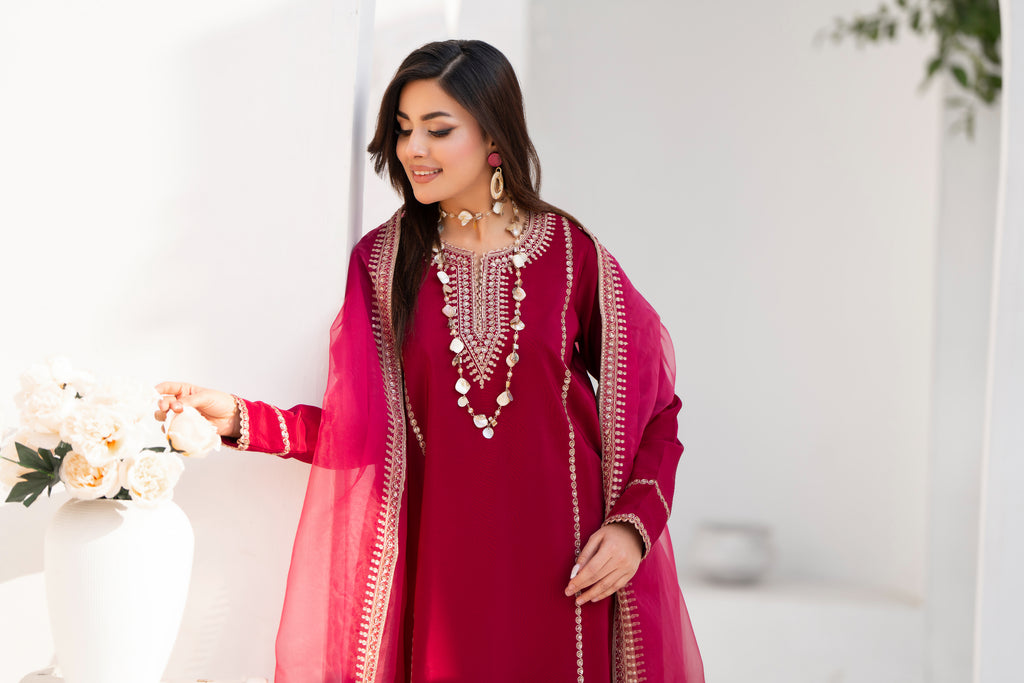 Maroon Embroidered Silk 3 Piece Suit with Organza Dupatta | NURA | Elara