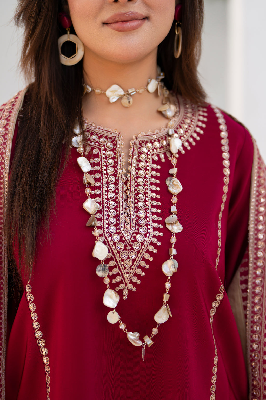 Maroon Embroidered Silk 3 Piece Suit with Organza Dupatta | NURA | Elara