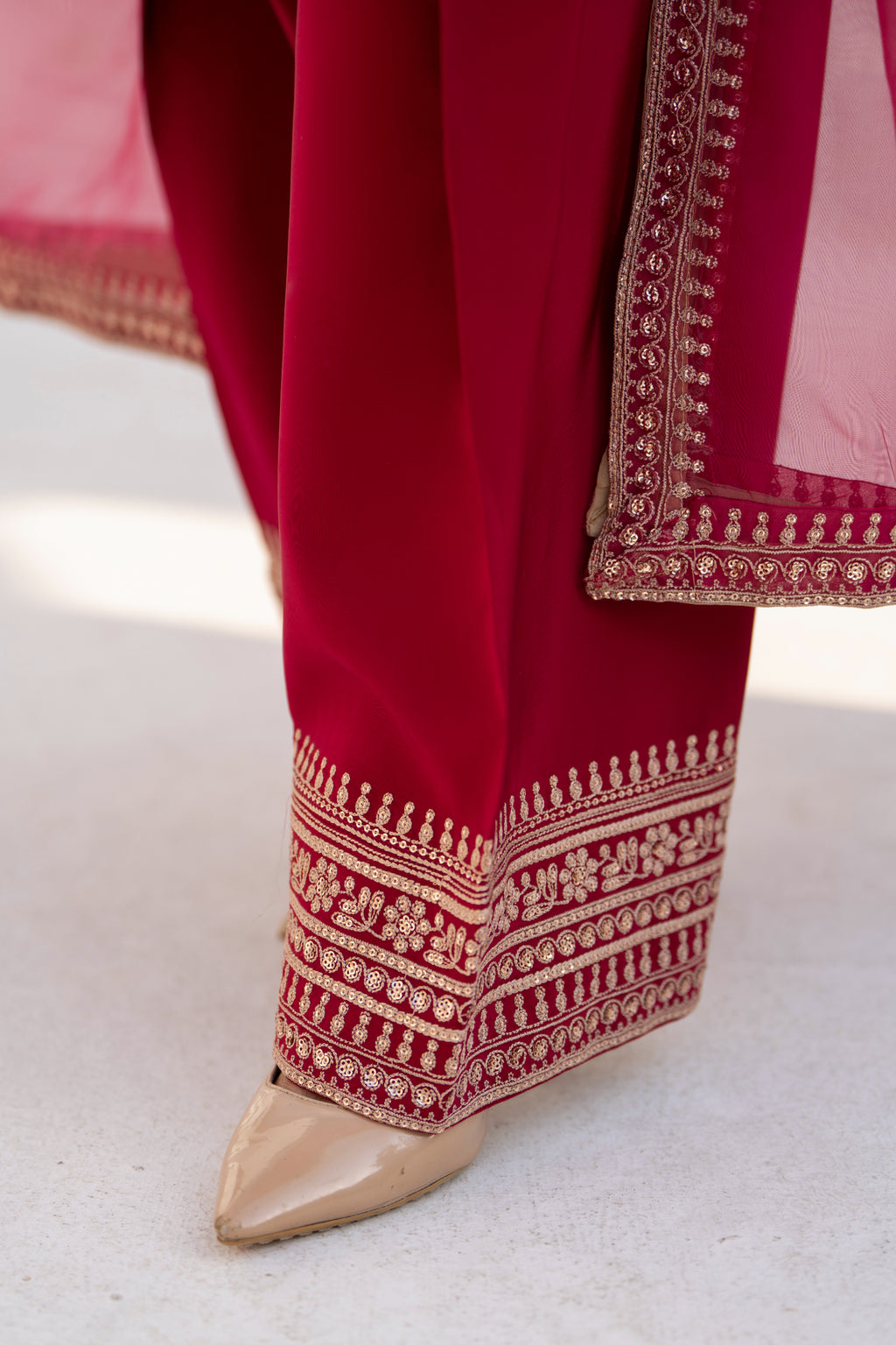 Maroon Embroidered Silk 3 Piece Suit with Organza Dupatta | NURA | Elara