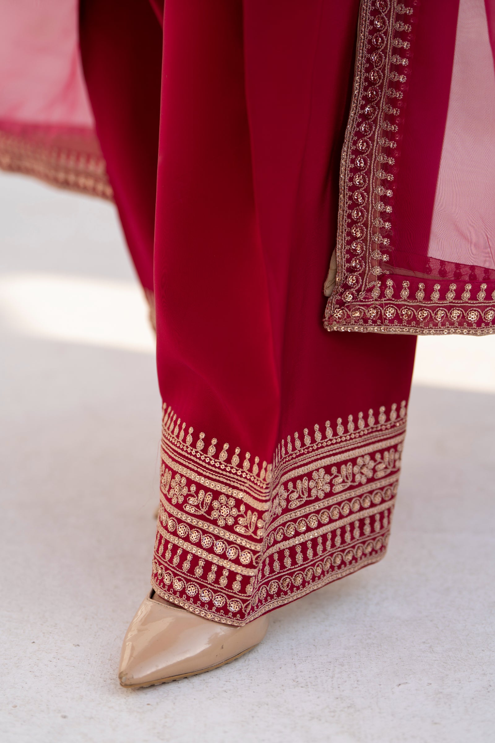 Maroon Embroidered Silk 3 Piece Suit with Organza Dupatta | NURA | Elara