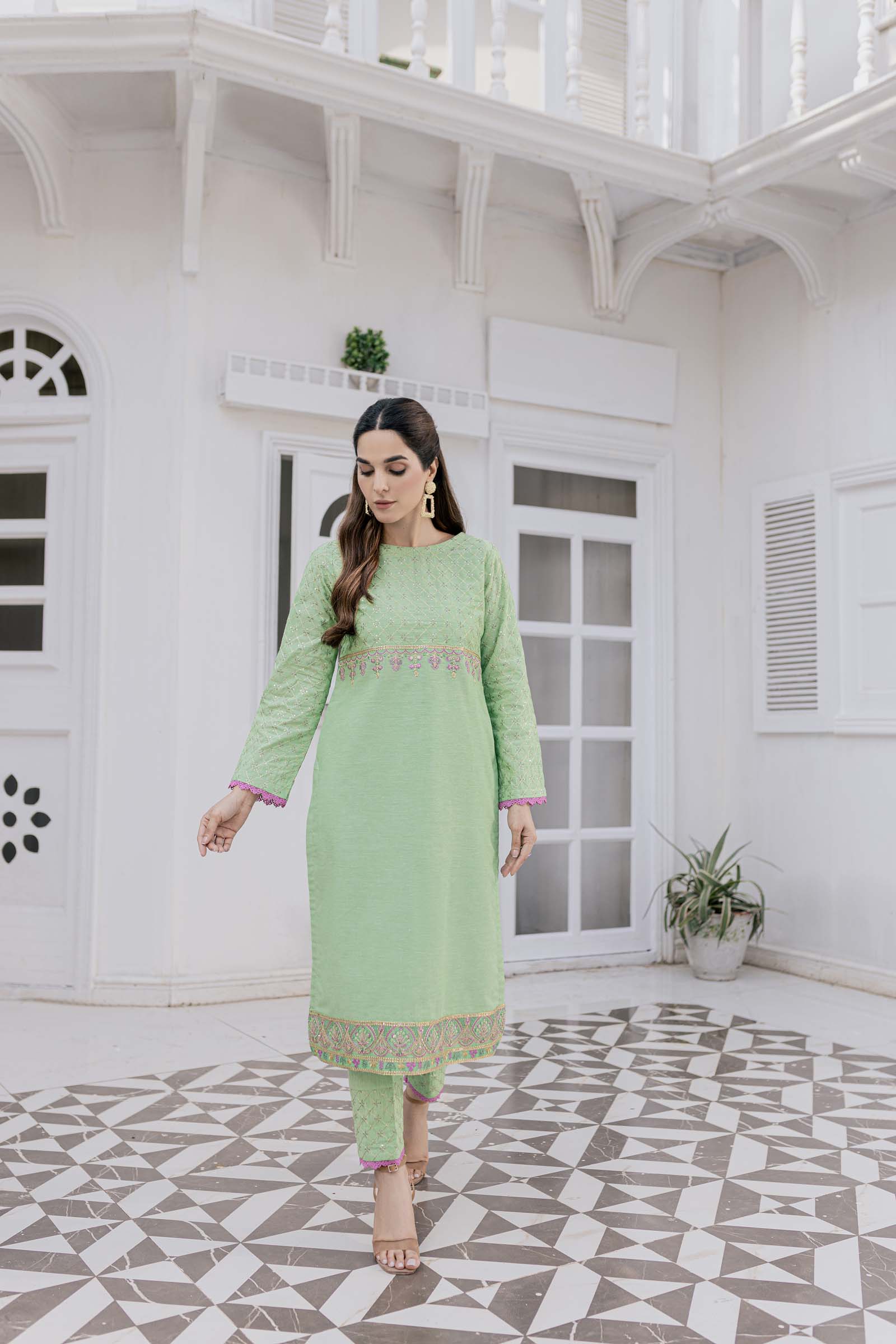 Green Embroidered 2 Piece Suit | Izel | Dasht