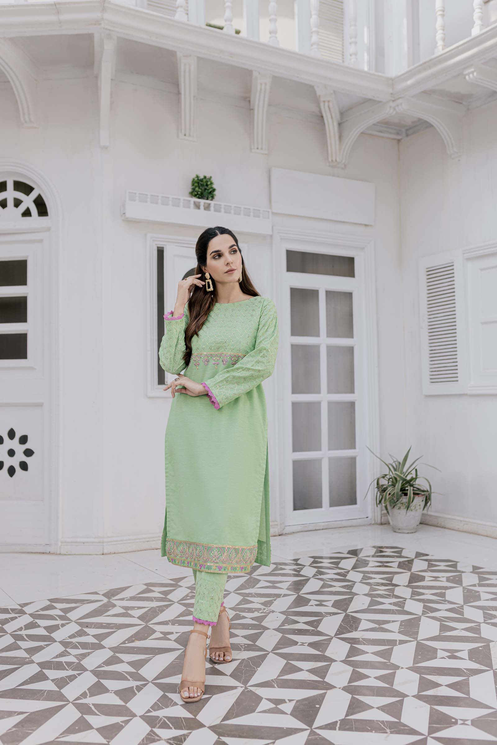 Green Embroidered 2 Piece Suit | Izel | Dasht