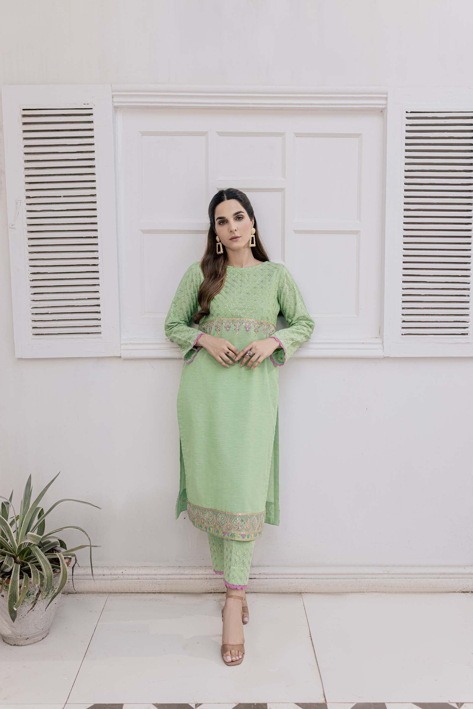 Green Embroidered 2 Piece Suit | Izel | Dasht