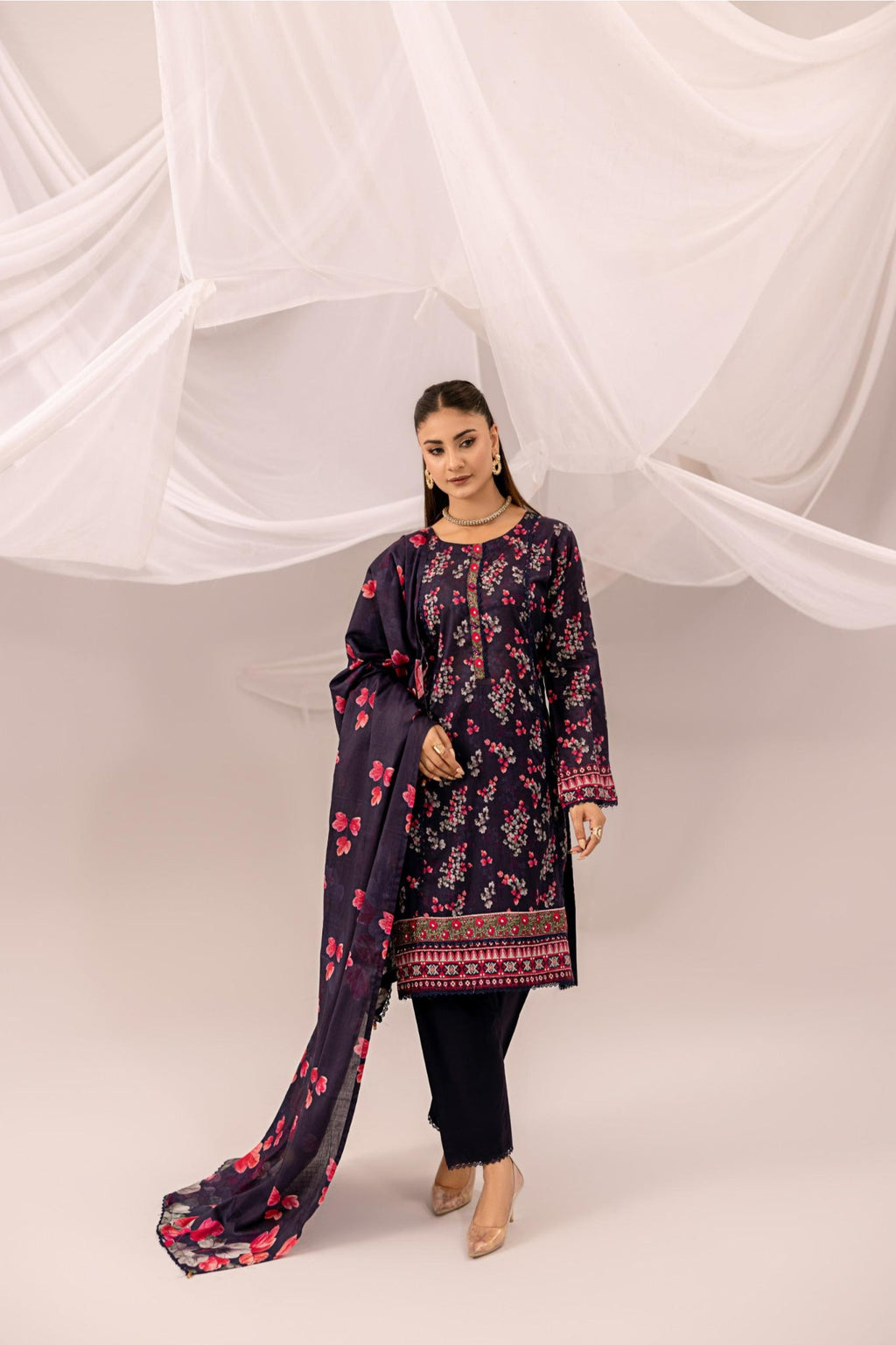 Printed Navy Blue Lawn 3 Piece Suit | Intekhab | Design 11