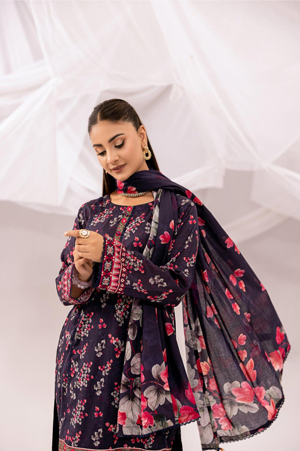 Printed Navy Blue Lawn 3 Piece Suit | Intekhab | Design 11
